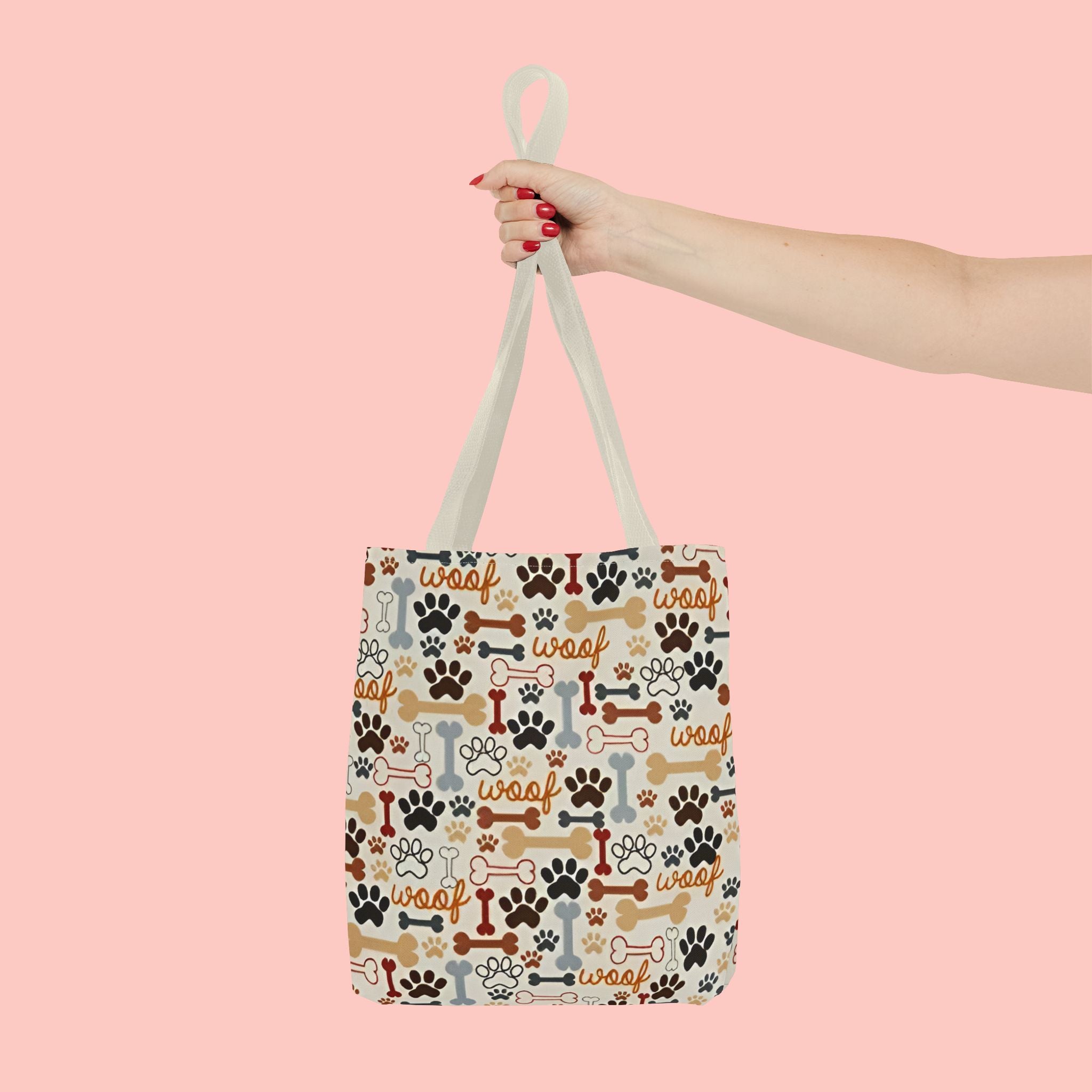 Dog Paw & Bone Pattern Tote Bag — 'Woof' All-Over Print Canvas Tote