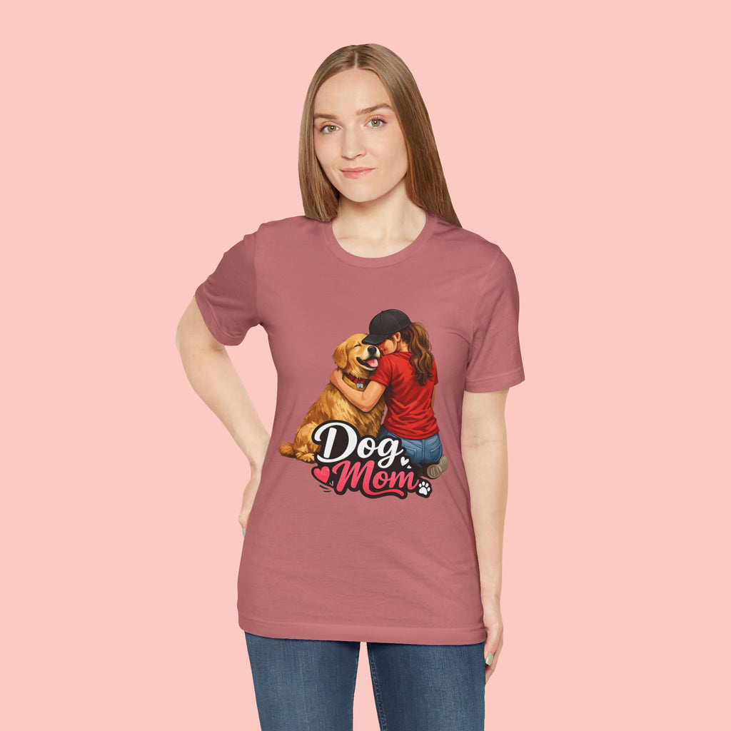 Dog Mom T-Shirt - Cute Woman Hugging Golden Retriever Tee