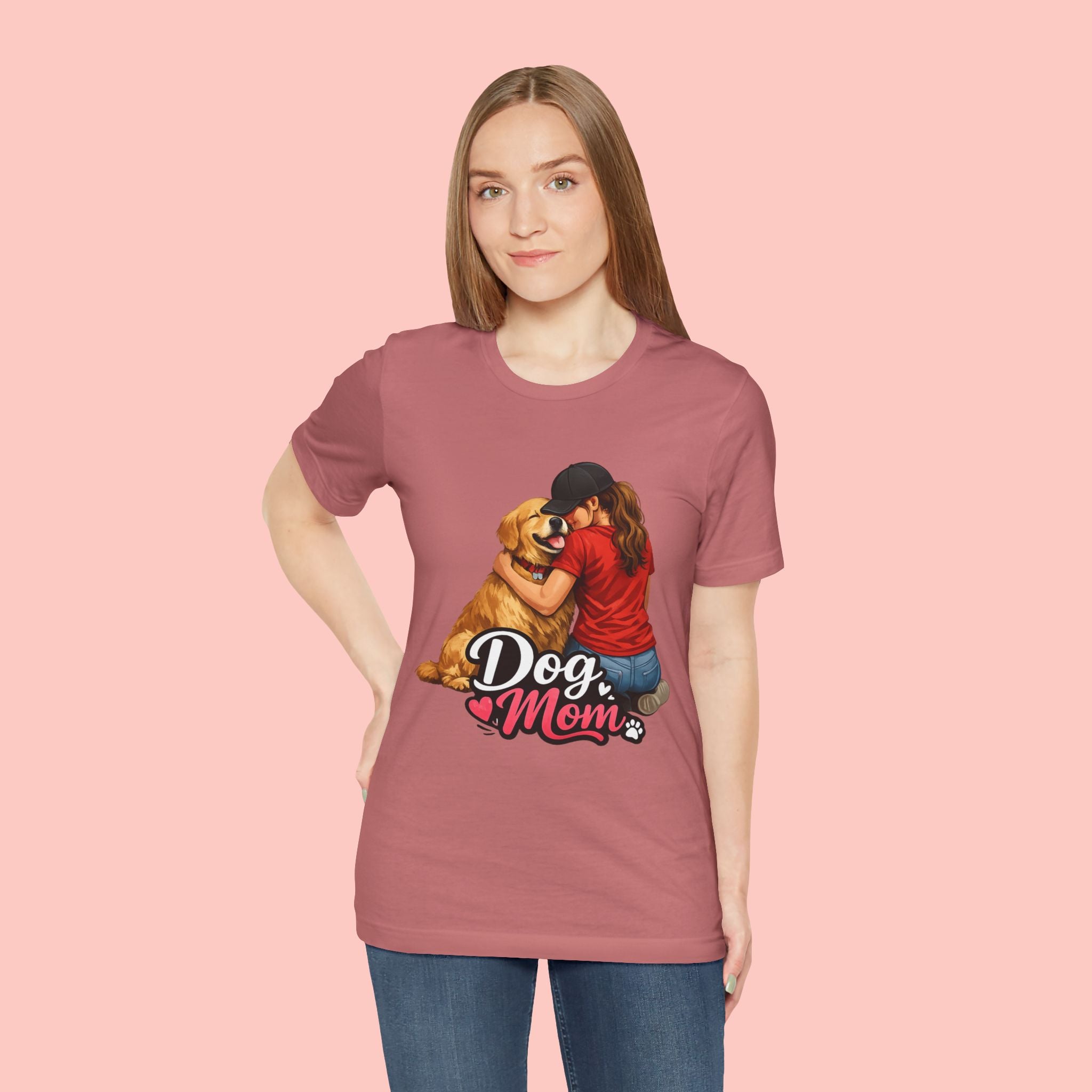 Dog Mom T-Shirt - Cute Woman Hugging Golden Retriever Tee