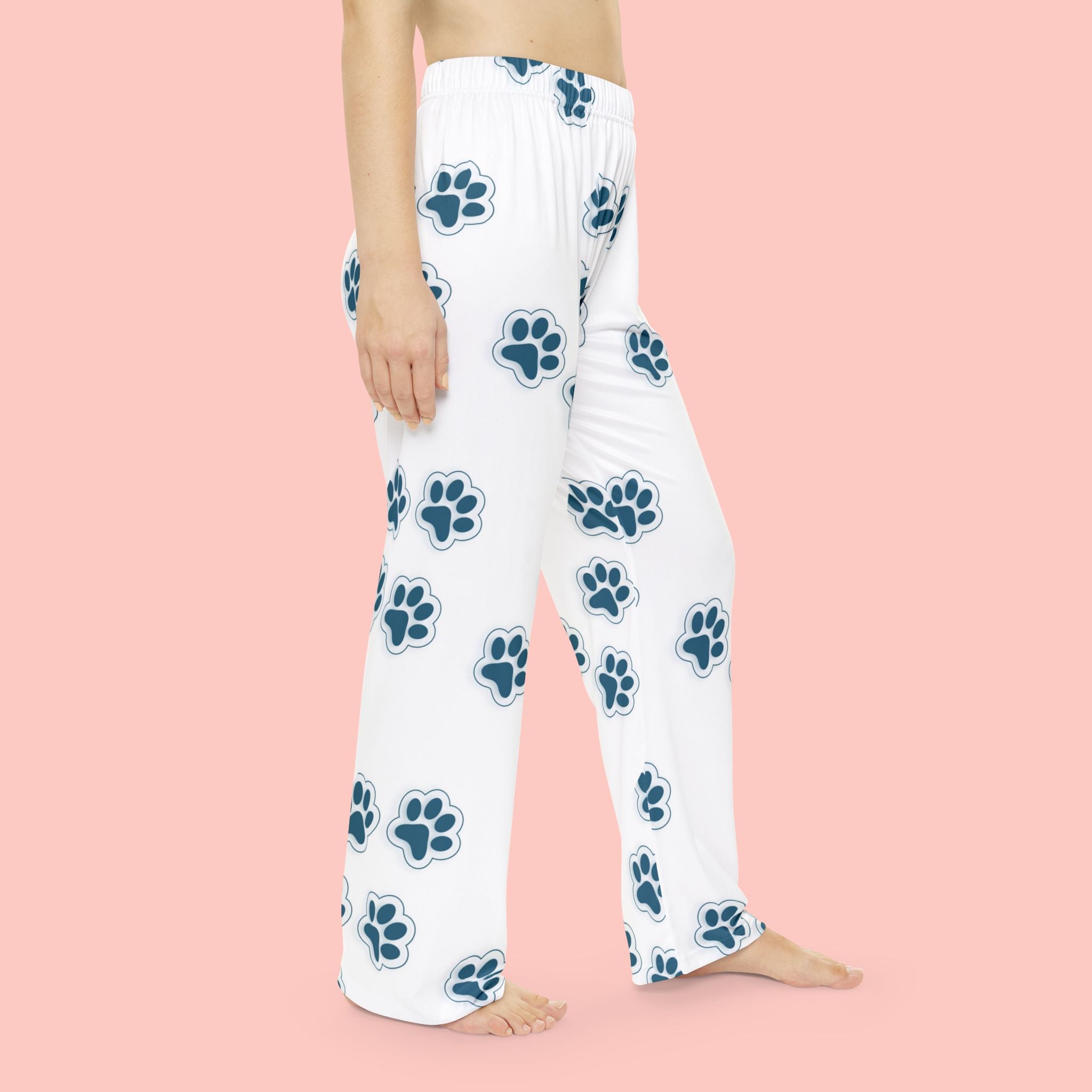 Paw Print Women's Pajama Pants — Cozy White Lounge Pants with Blue Dog/Cat Paw Pattern