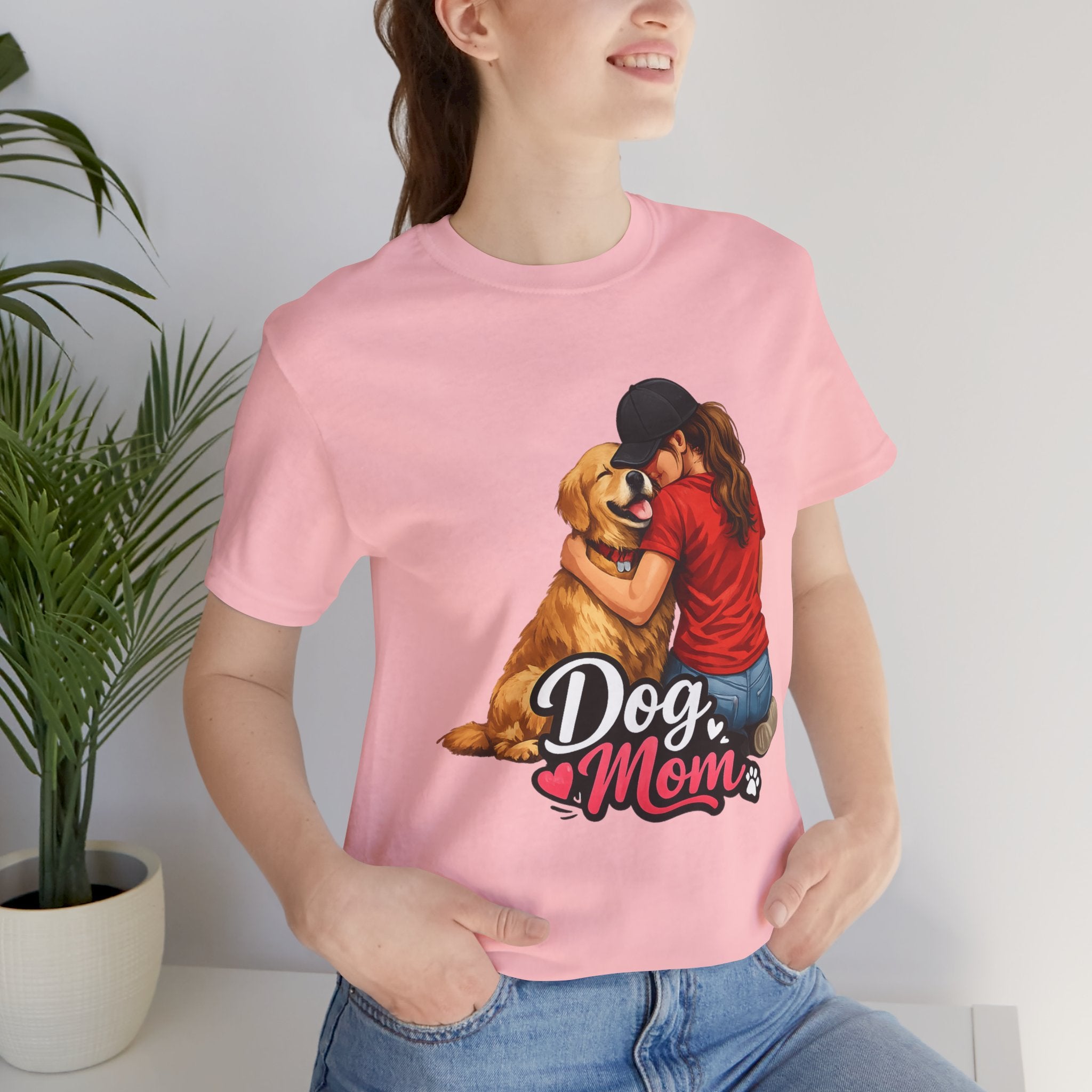 Dog Mom T-Shirt - Cute Woman Hugging Golden Retriever Tee