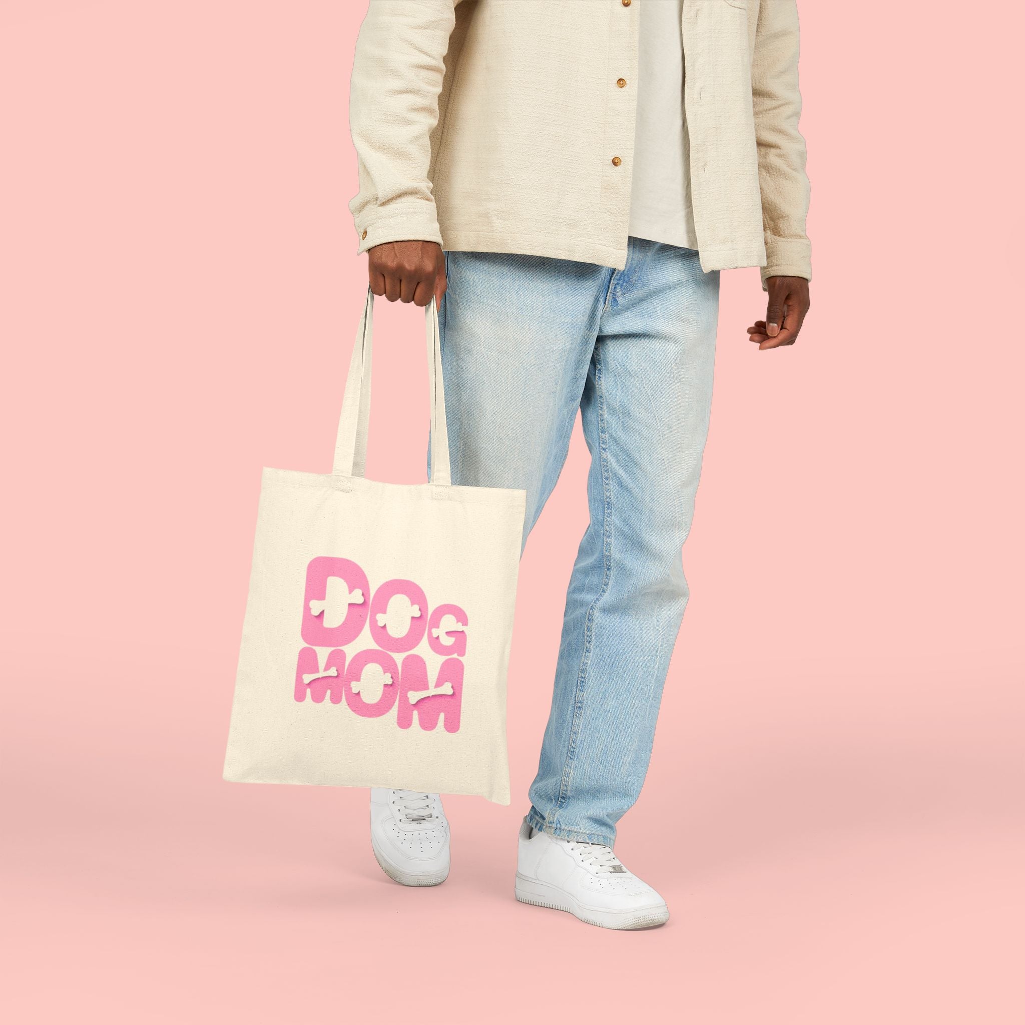 Dog Mom Canvas Tote Bag — Pink Retro Graphic Cotton Shopper for Pet Lovers