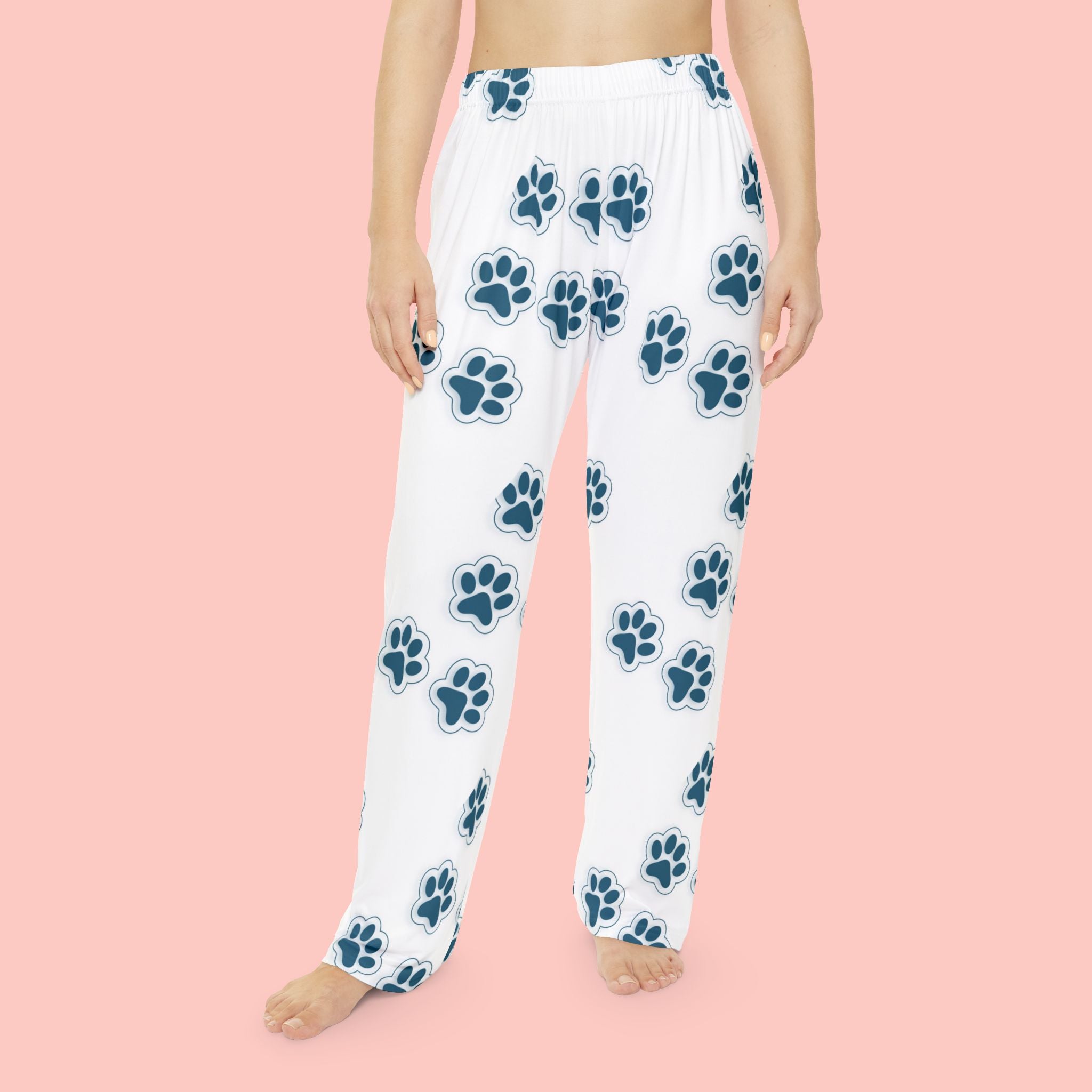 Paw Print Women's Pajama Pants — Cozy White Lounge Pants with Blue Dog/Cat Paw Pattern