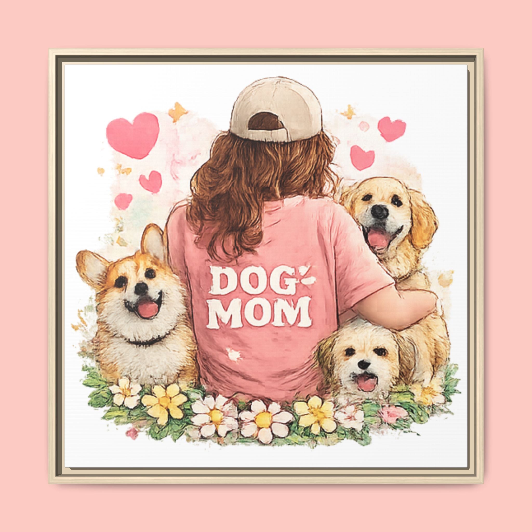 Dog Mom Canvas Print — Framed Matte Wall Art with Cute Dogs & Hearts