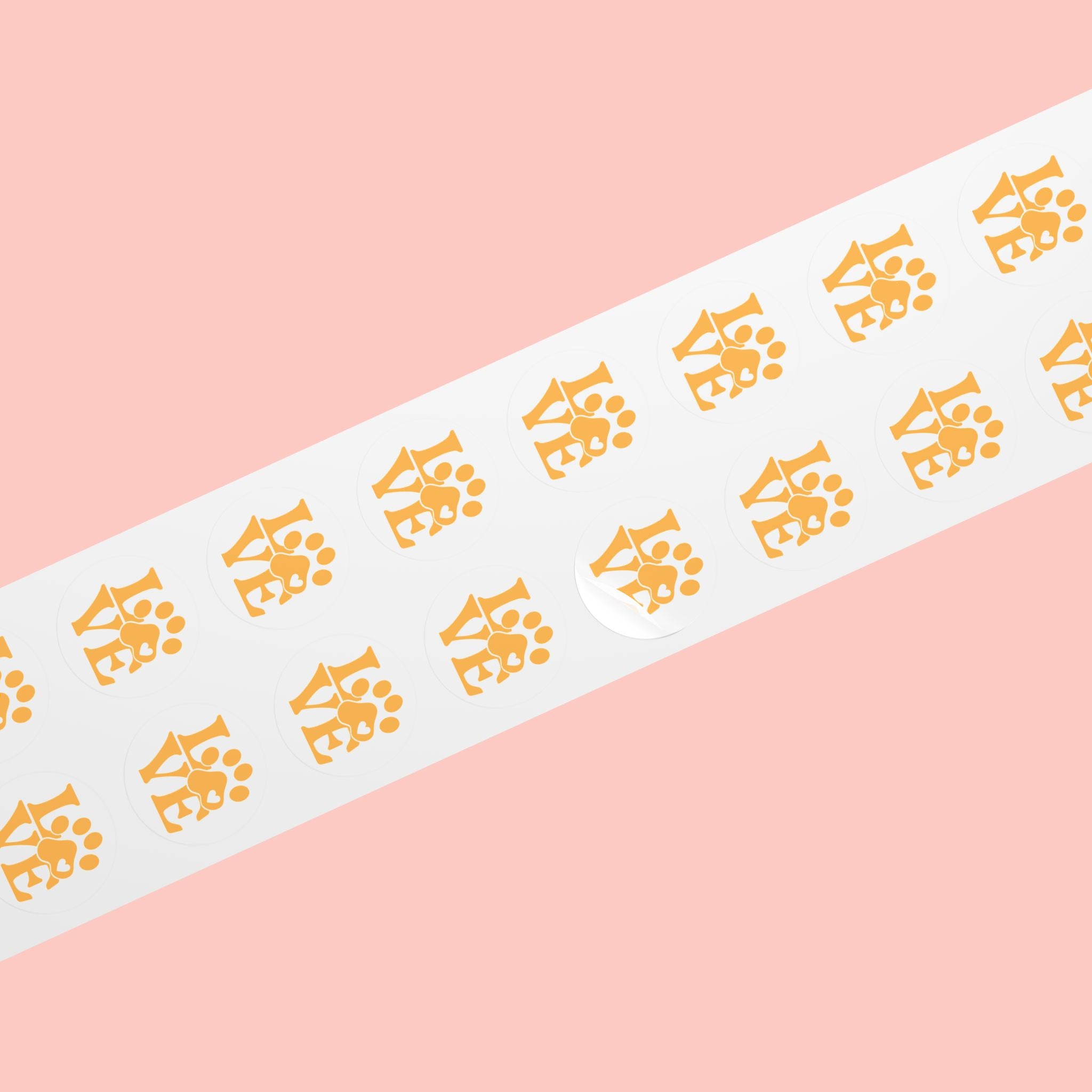 Round Pet Love Sticker Labels — Paw Print "LOVE" Roll