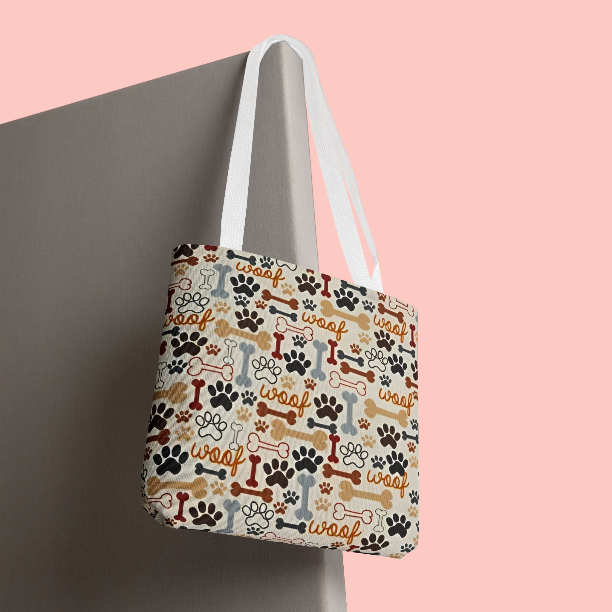 Dog Paw & Bone Pattern Tote Bag — 'Woof' All-Over Print Canvas Tote