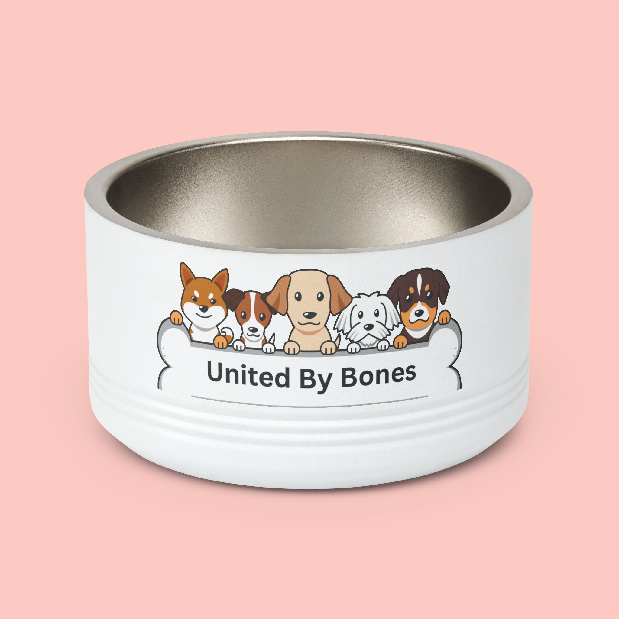 United By Bones 18oz Pet Bowl — Cute Cartoon Dogs Stainless Steel Bowl for Dogs & Cats