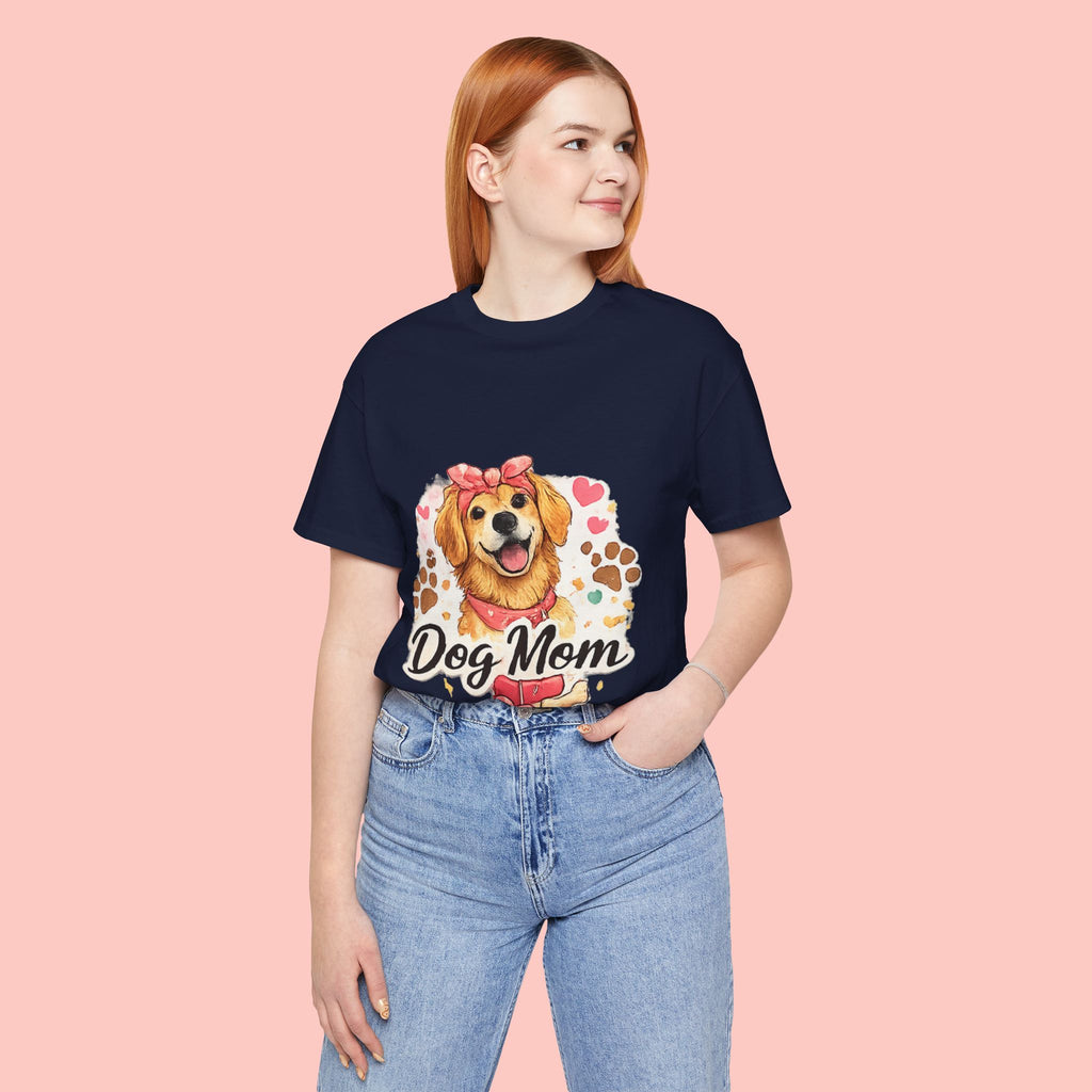 Dog Mom T-Shirt – Cute Golden Retriever Design with Hearts & Paw Prints