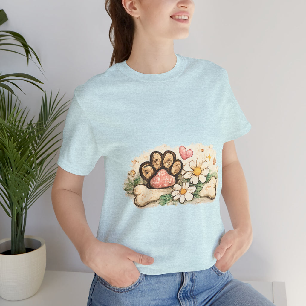 Dog Paw Floral T-Shirt — Cute Paw Print, Bone & Daisies Tee