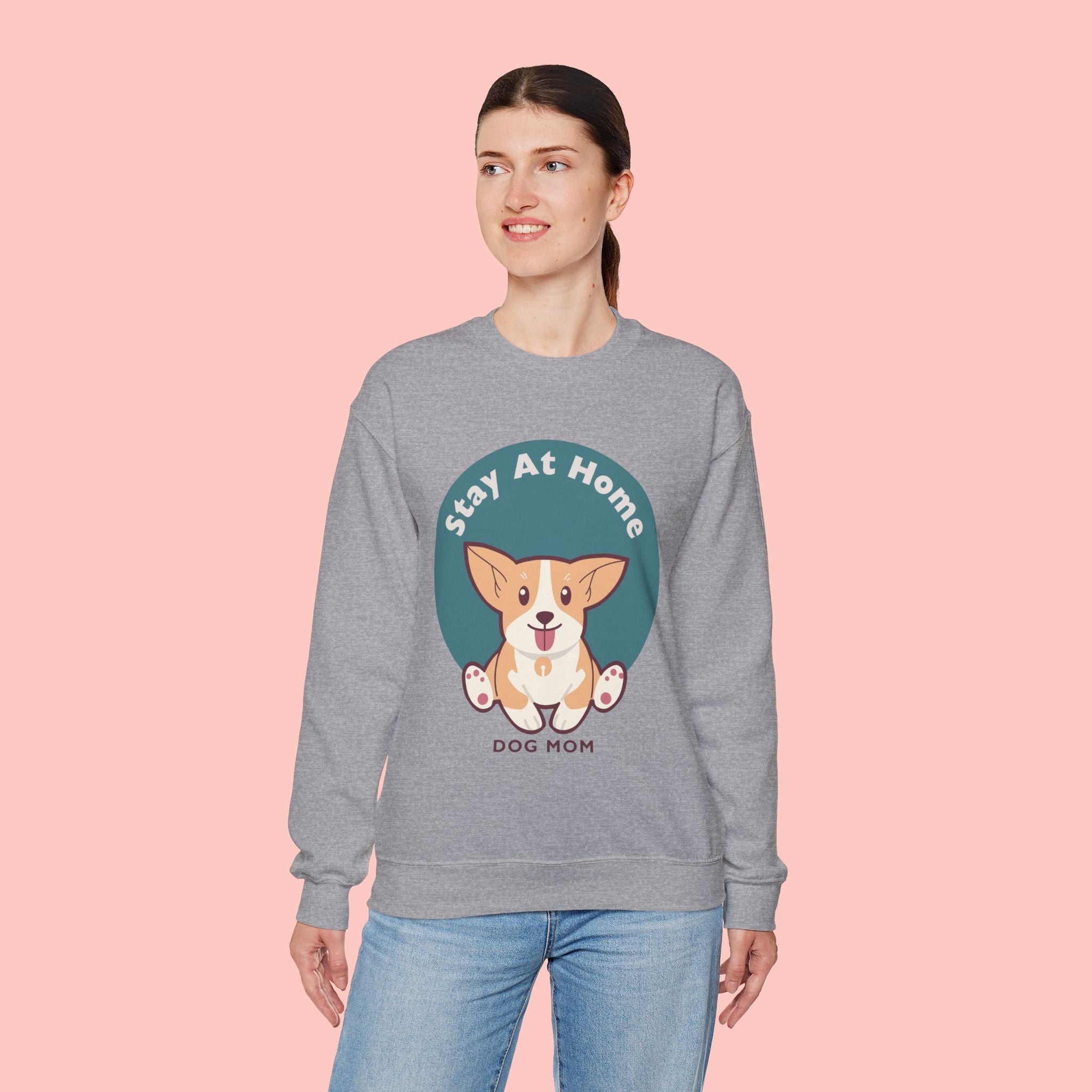 Stay At Home Dog Mom Crewneck Sweatshirt — Cute Corgi Graphic Sweatshirt