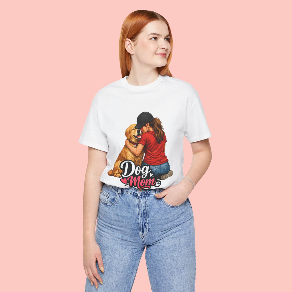 Dog Mom T-Shirt - Cute Woman Hugging Golden Retriever Tee