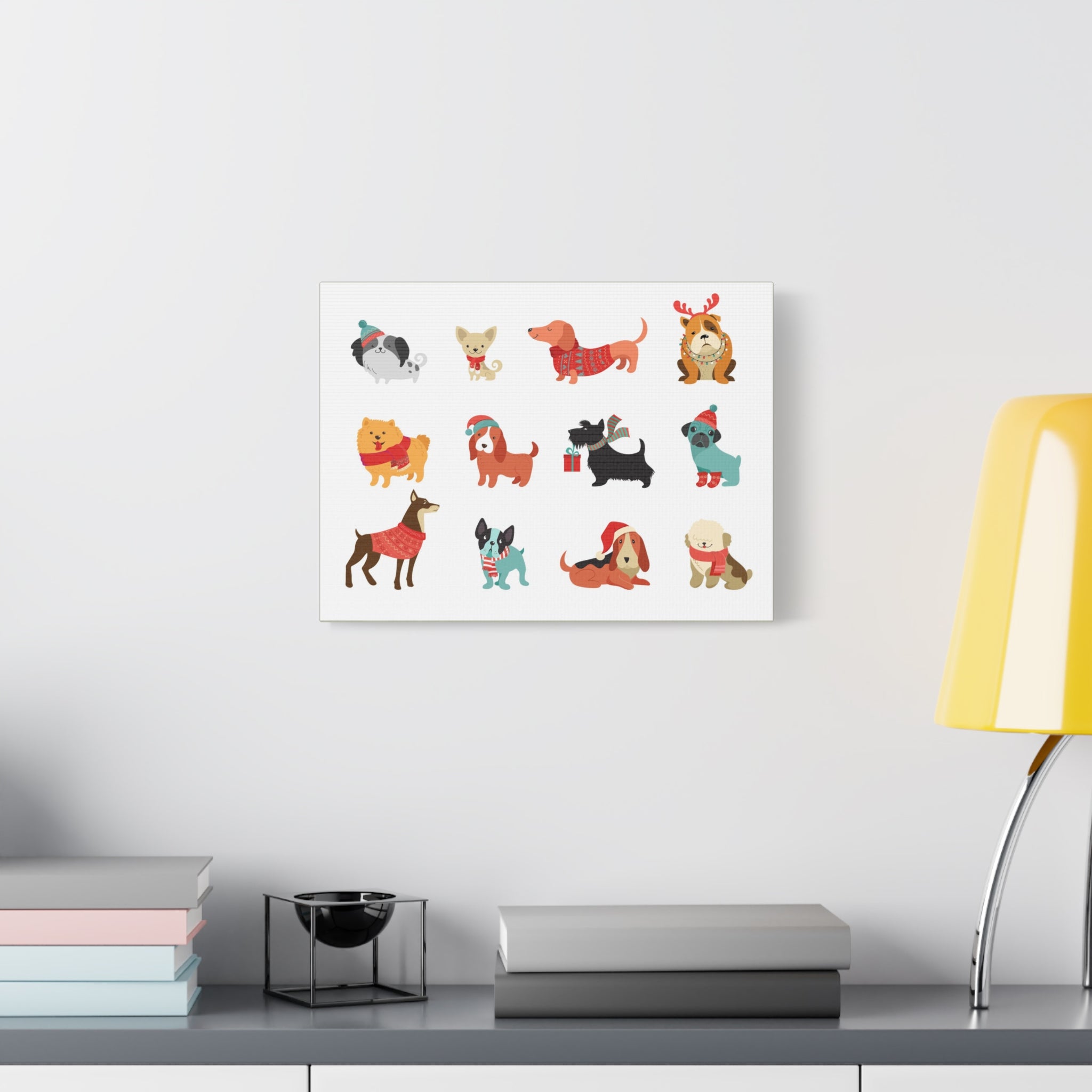 Holiday Dogs Canvas Wall Art — Cute Dachshund, Pug & Mixed Breeds in Winter Sweaters