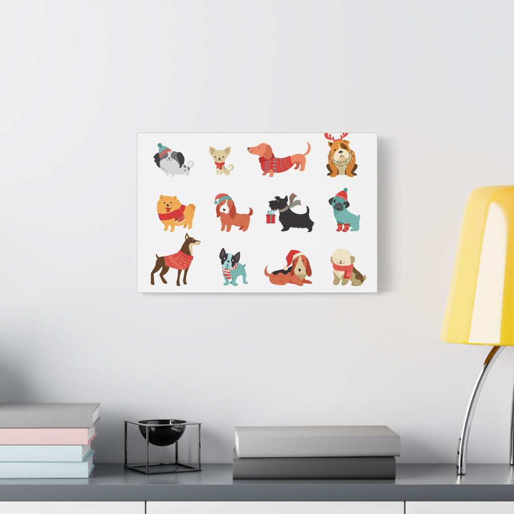 Holiday Dogs Canvas Wall Art — Cute Dachshund, Pug & Mixed Breeds in Winter Sweaters