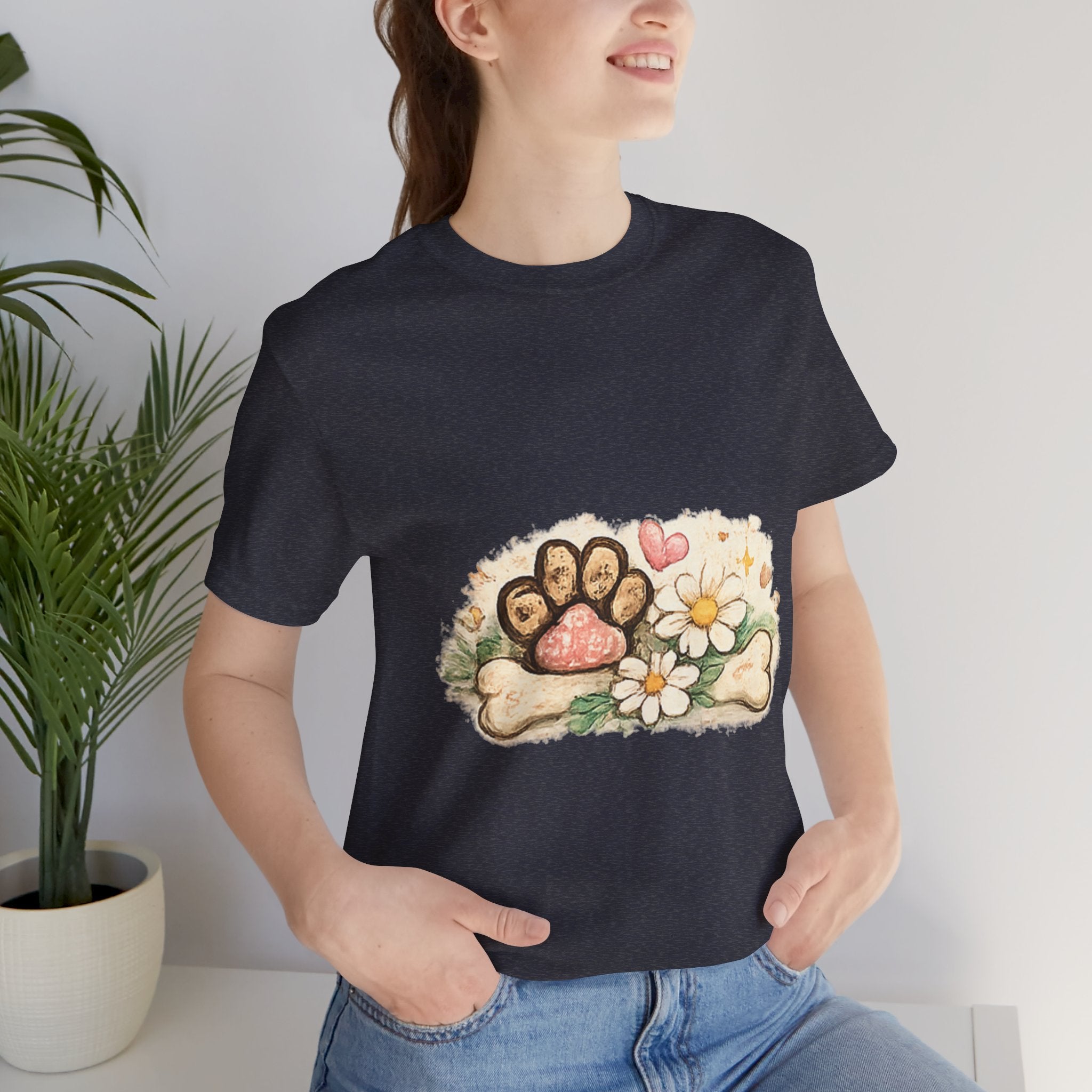 Dog Paw Floral T-Shirt — Cute Paw Print, Bone & Daisies Tee