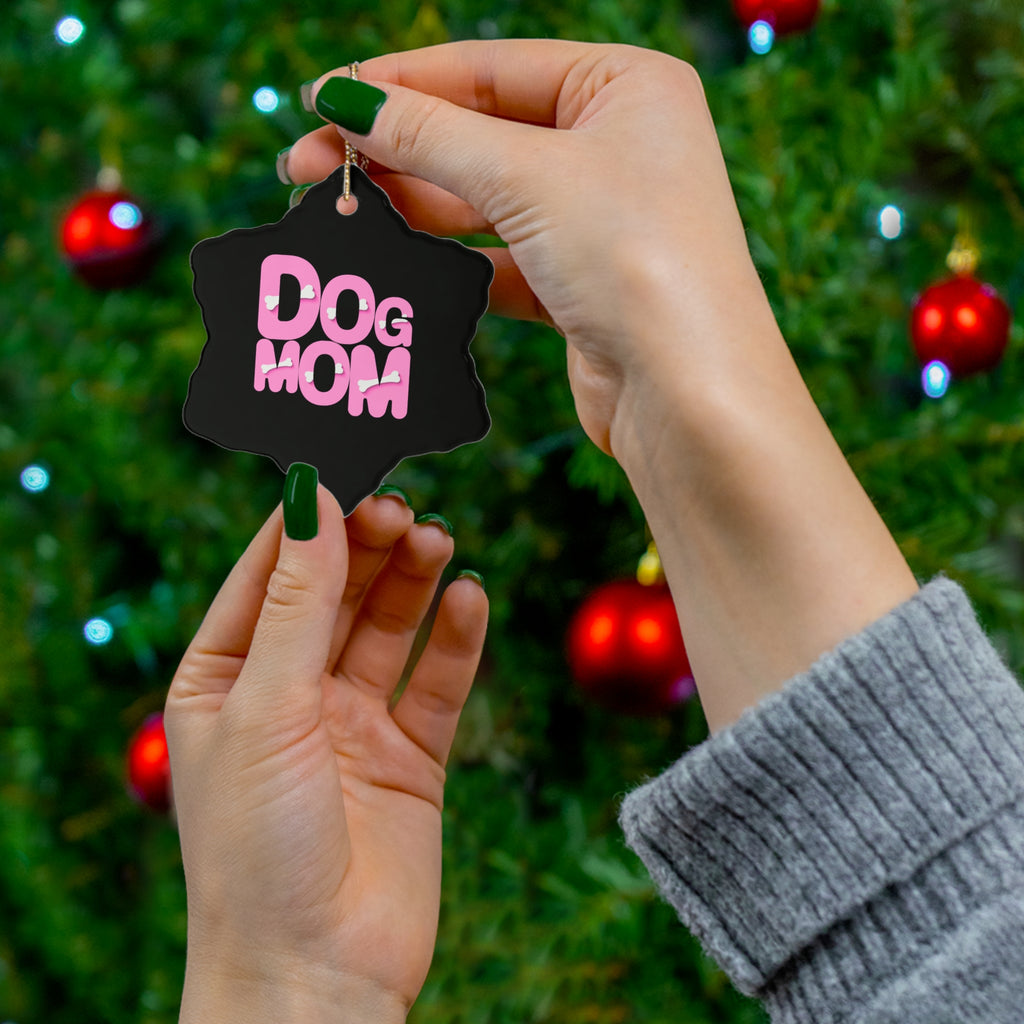 Dog Mom Ceramic Ornament — Pink Heart Typography Holiday Decoration