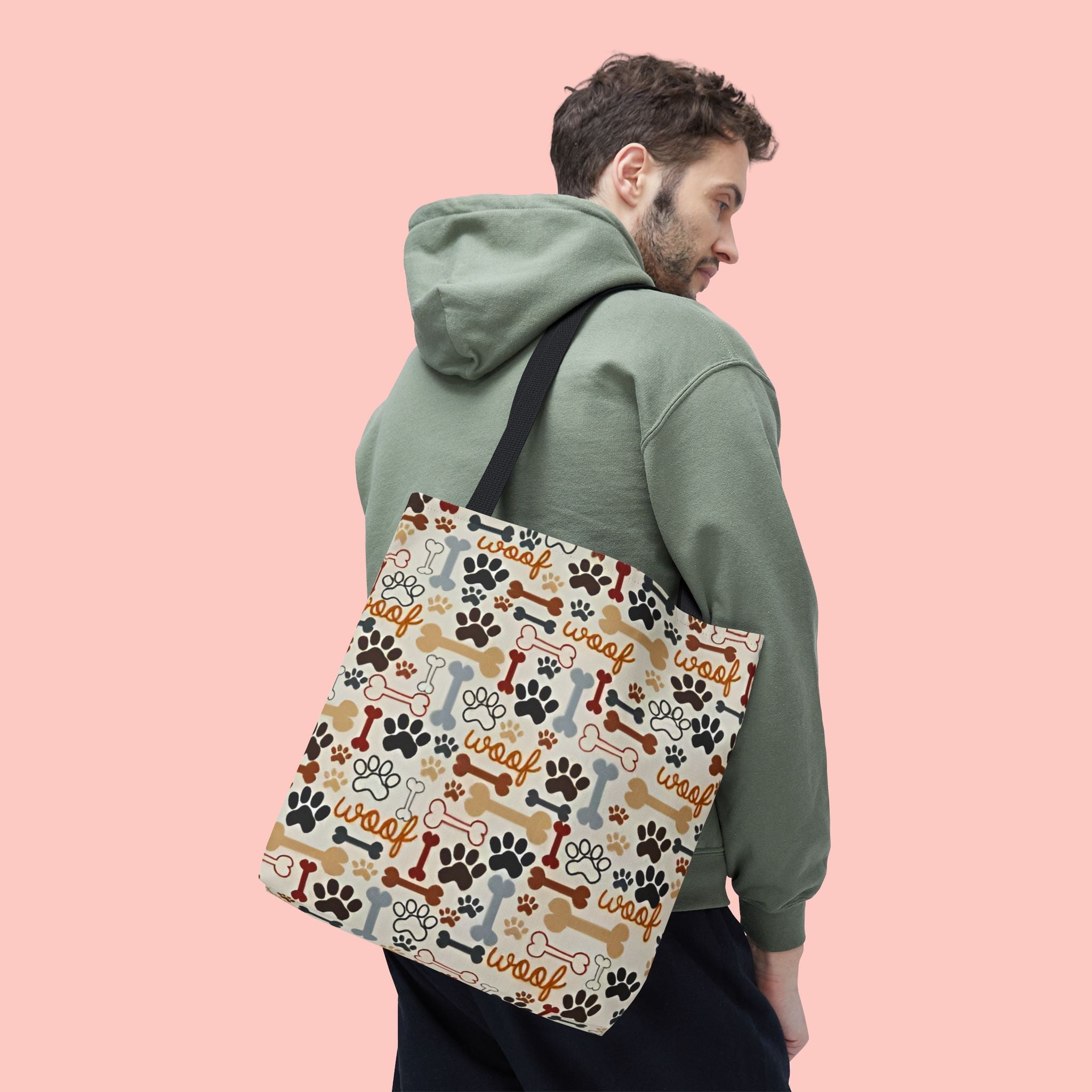 Dog Paw & Bone Pattern Tote Bag — 'Woof' All-Over Print Canvas Tote