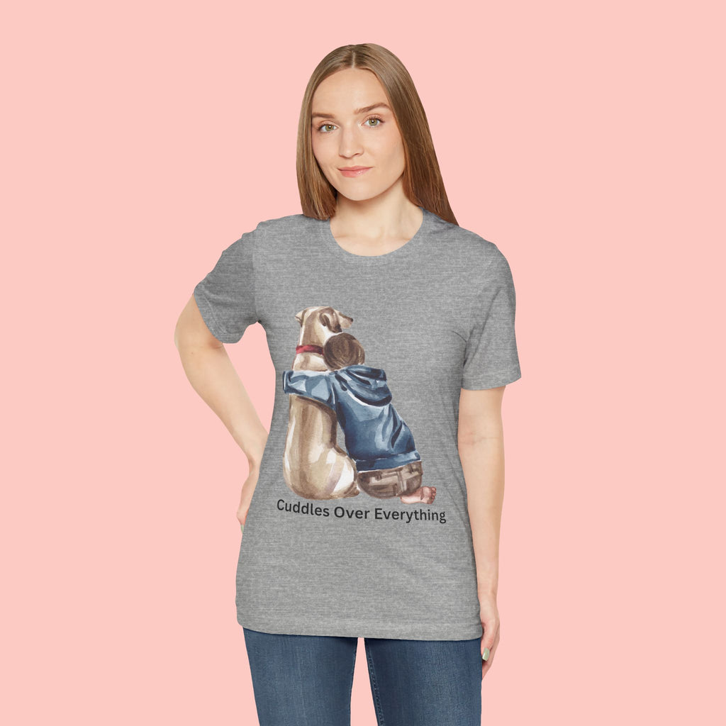 Cuddles Over Everything Tee — Boy Hugging Dog Animal Lover T-Shirt