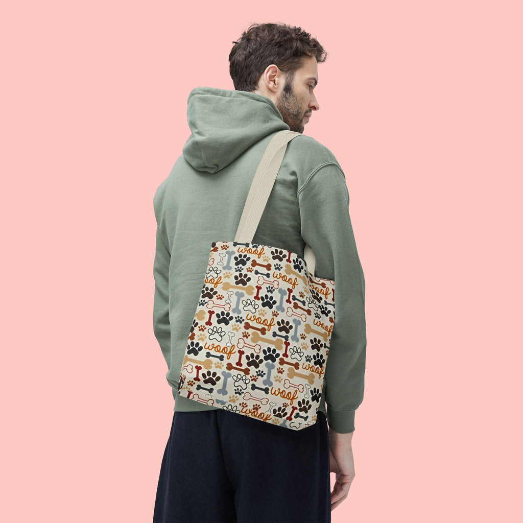 Dog Paw & Bone Pattern Tote Bag — 'Woof' All-Over Print Canvas Tote