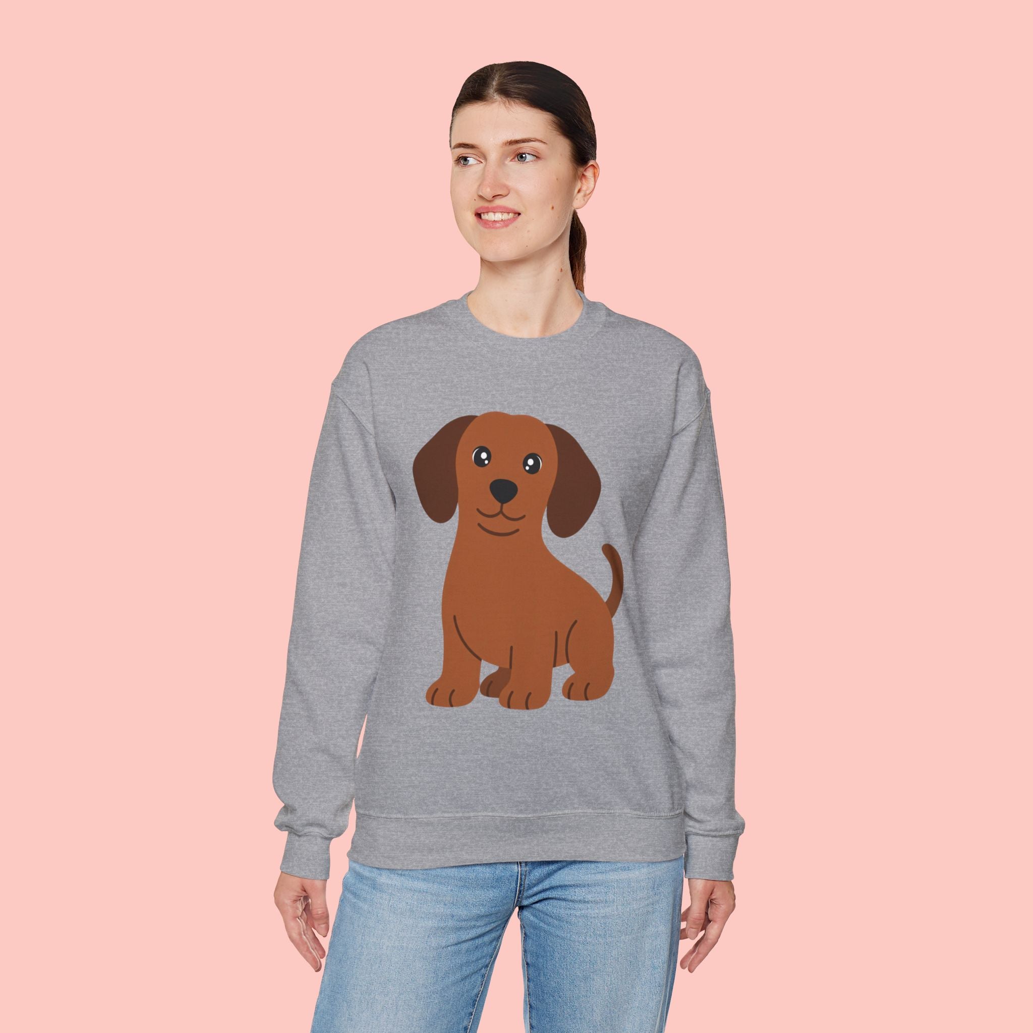 Cute Brown Puppy Sweatshirt — Cartoon Dachshund Crewneck for Dog Lovers