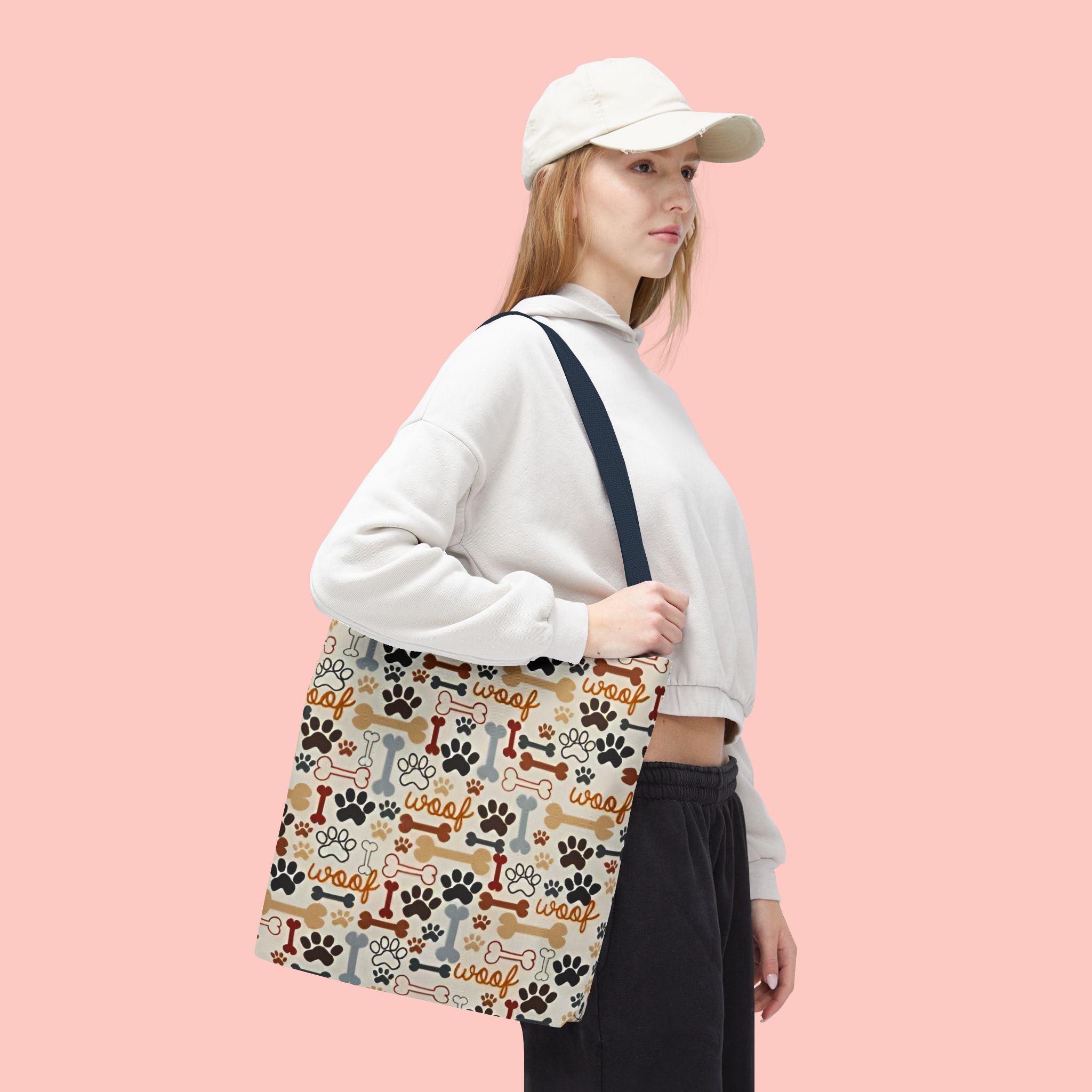 Dog Paw & Bone Pattern Tote Bag — 'Woof' All-Over Print Canvas Tote