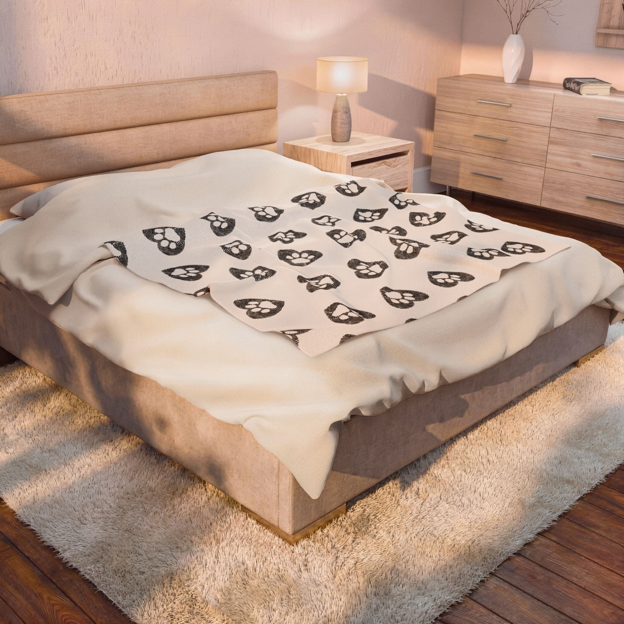 Paw Heart Velveteen Plush Blanket — Soft Cozy Pet Lover Throw