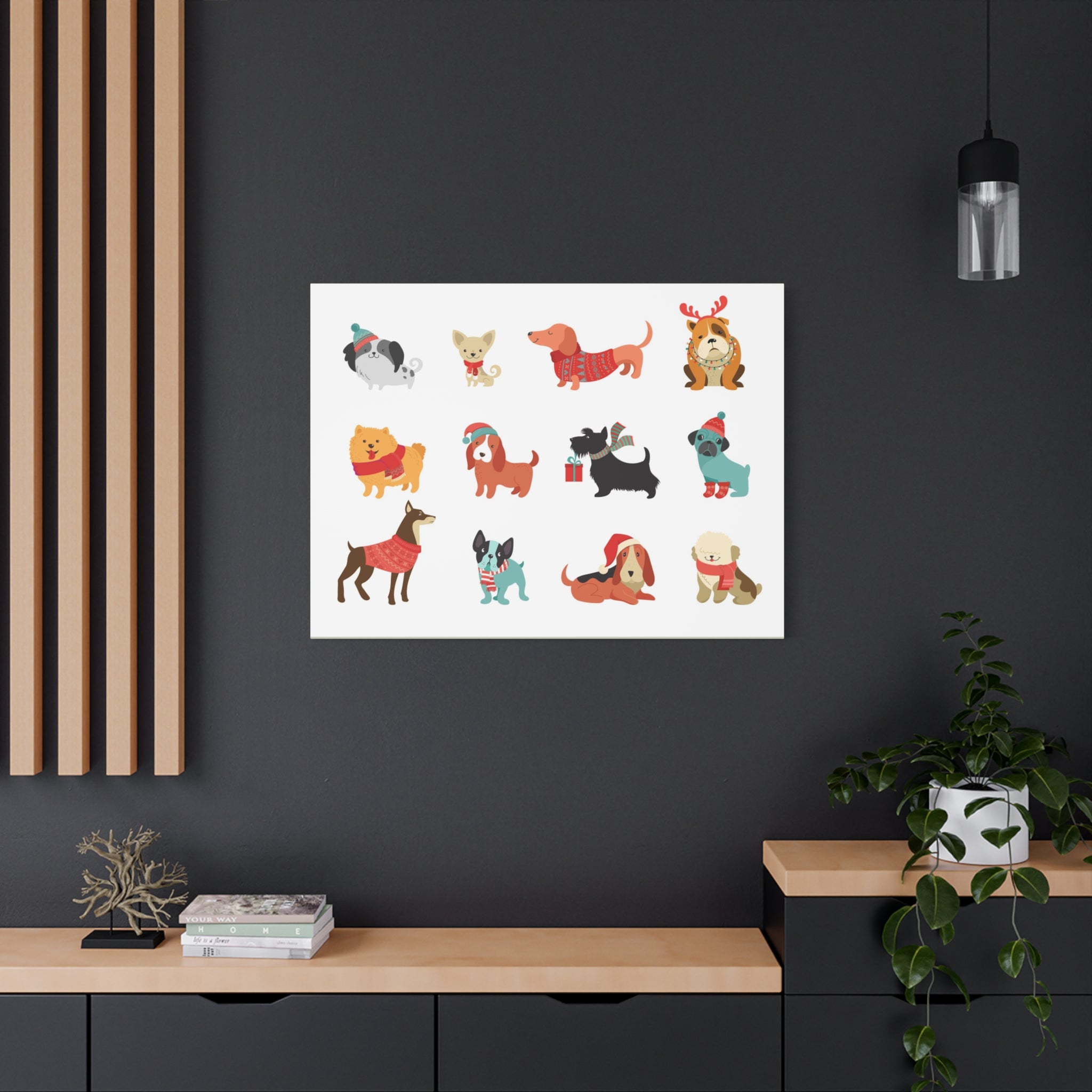 Holiday Dogs Canvas Wall Art — Cute Dachshund, Pug & Mixed Breeds in Winter Sweaters