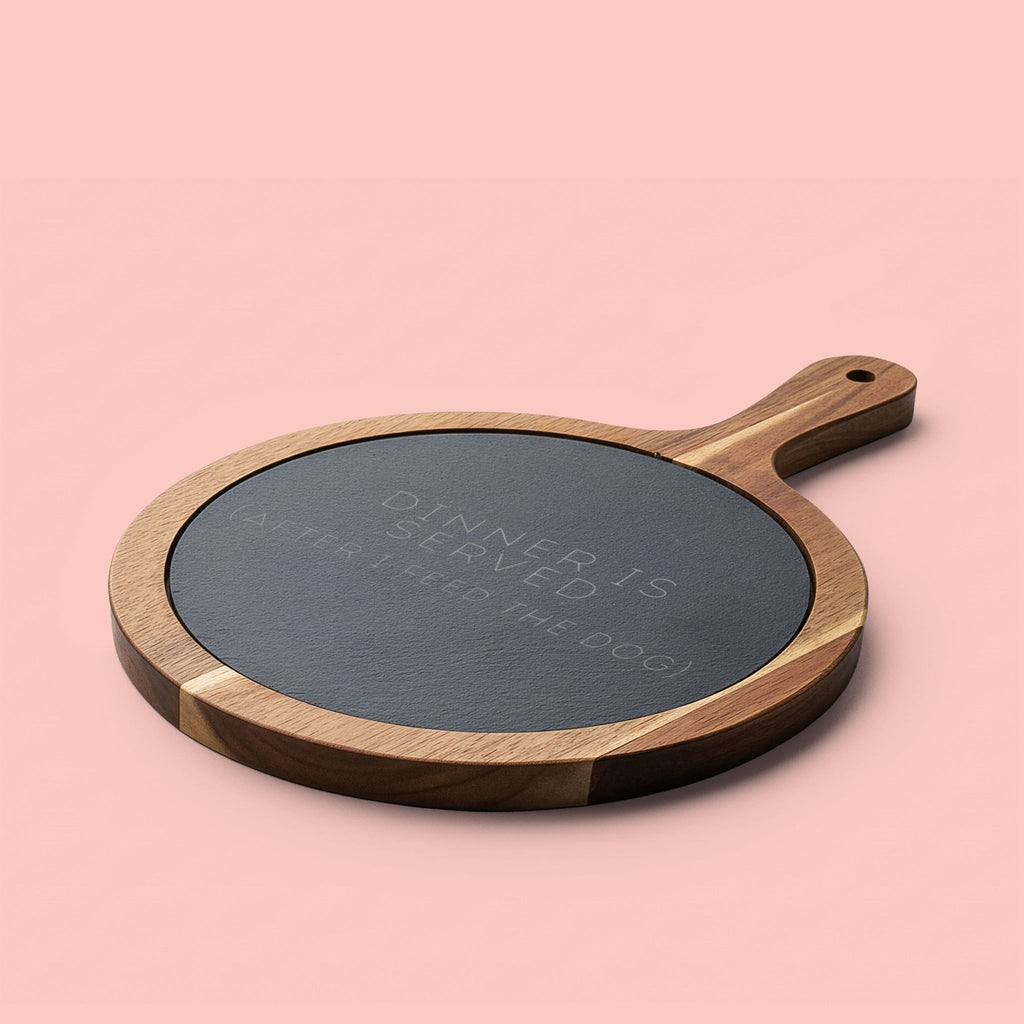 Engraved Oak Charcuterie Board with Slate Insert & Cheese Tools — "Dinner Is Served (After I Feed The Dog)"