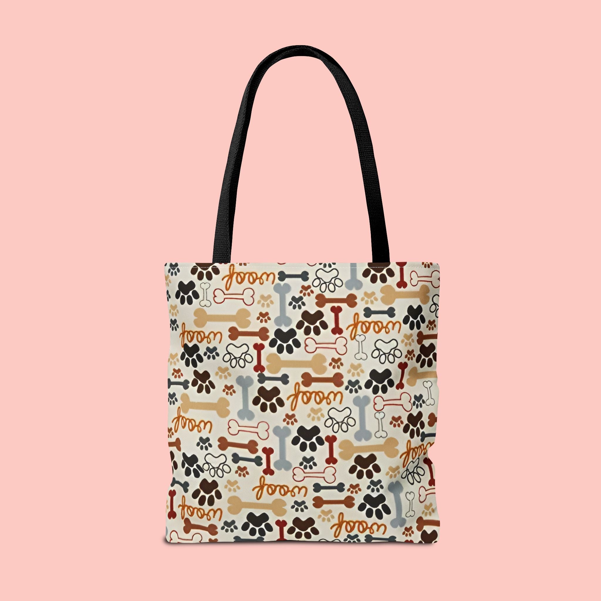 Dog Paw & Bone Pattern Tote Bag — 'Woof' All-Over Print Canvas Tote
