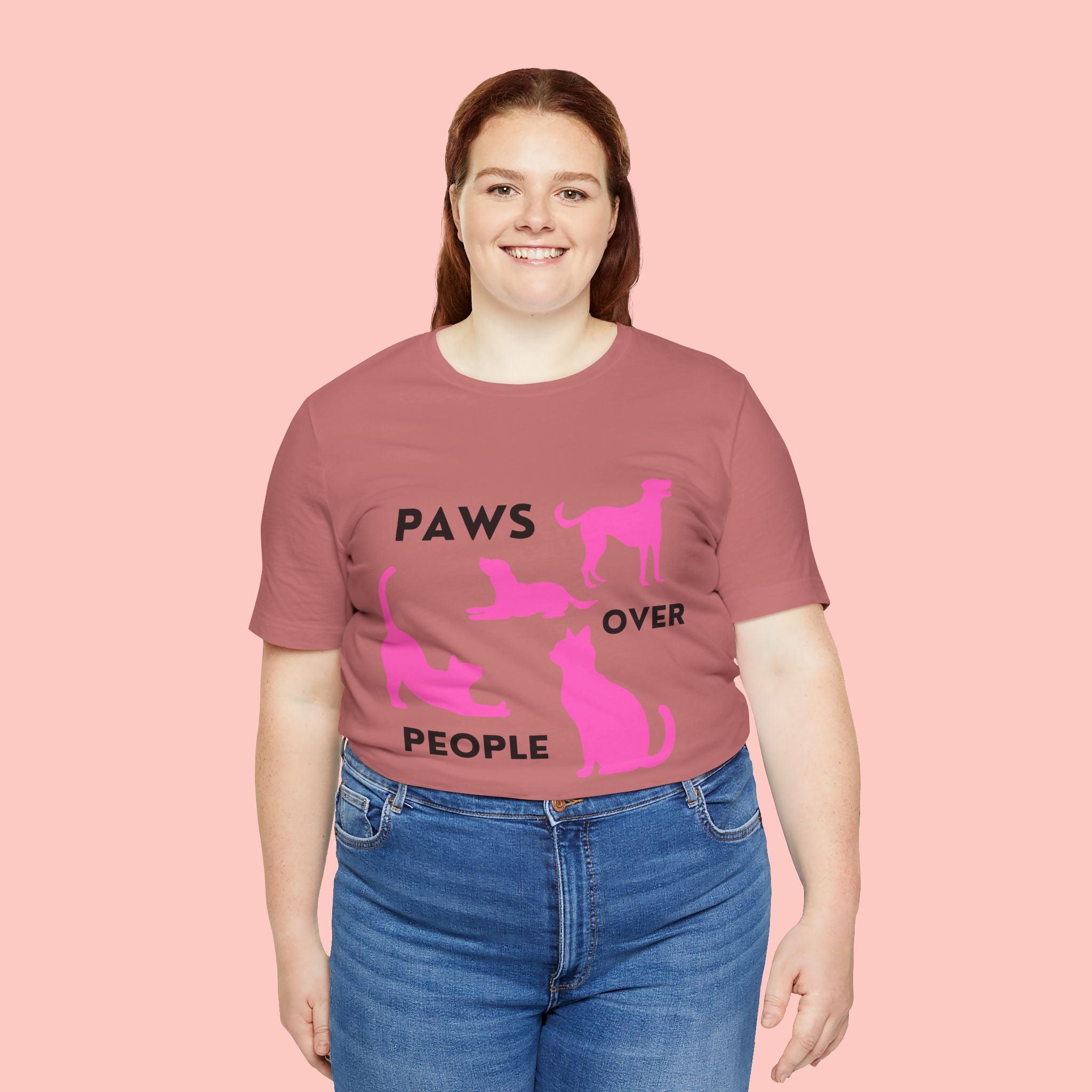 Paws Over People Tee — Pink Cats & Dogs Graphic T-Shirt