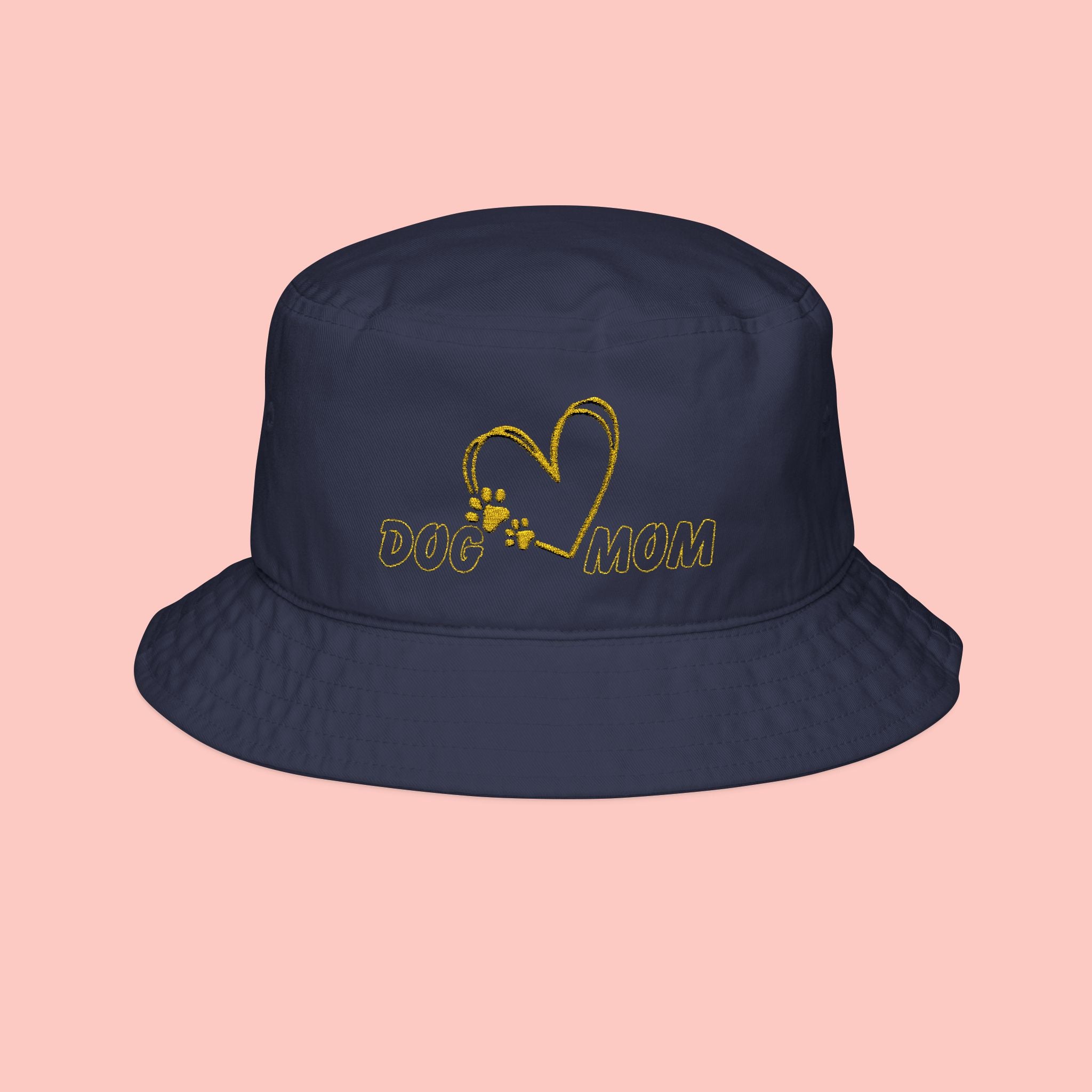 Dog Mom Embroidered Bucket Hat — Gold Heart Paw Design