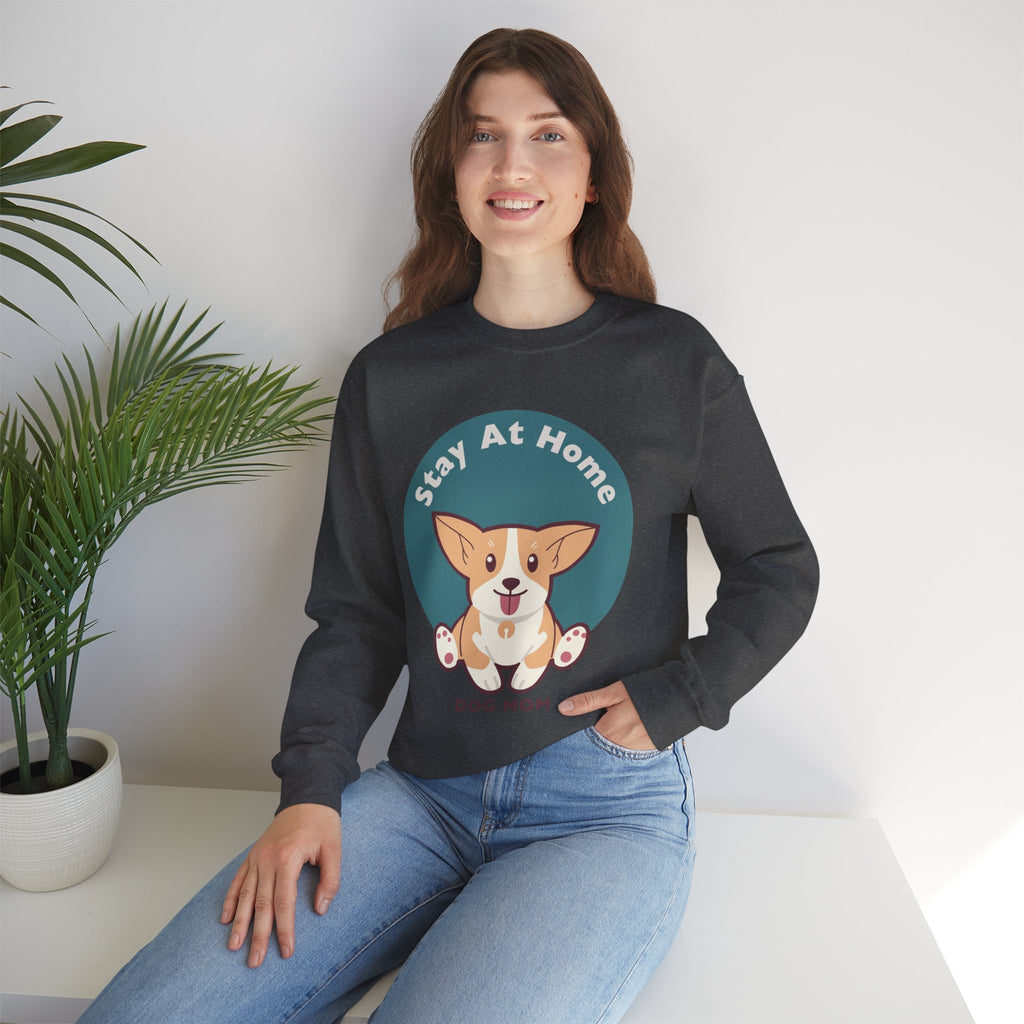 Stay At Home Dog Mom Crewneck Sweatshirt — Cute Corgi Graphic Sweatshirt