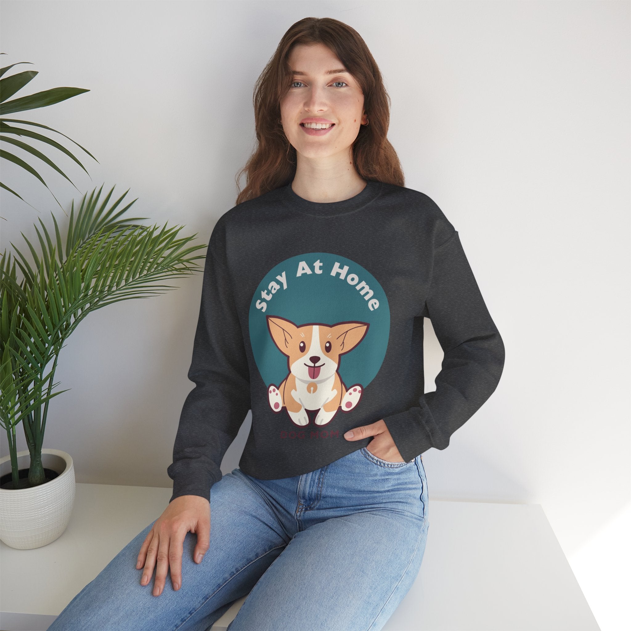 Stay At Home Dog Mom Crewneck Sweatshirt — Cute Corgi Graphic Sweatshirt