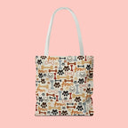 Dog Paw & Bone Pattern Tote Bag — 'Woof' All-Over Print Canvas Tote