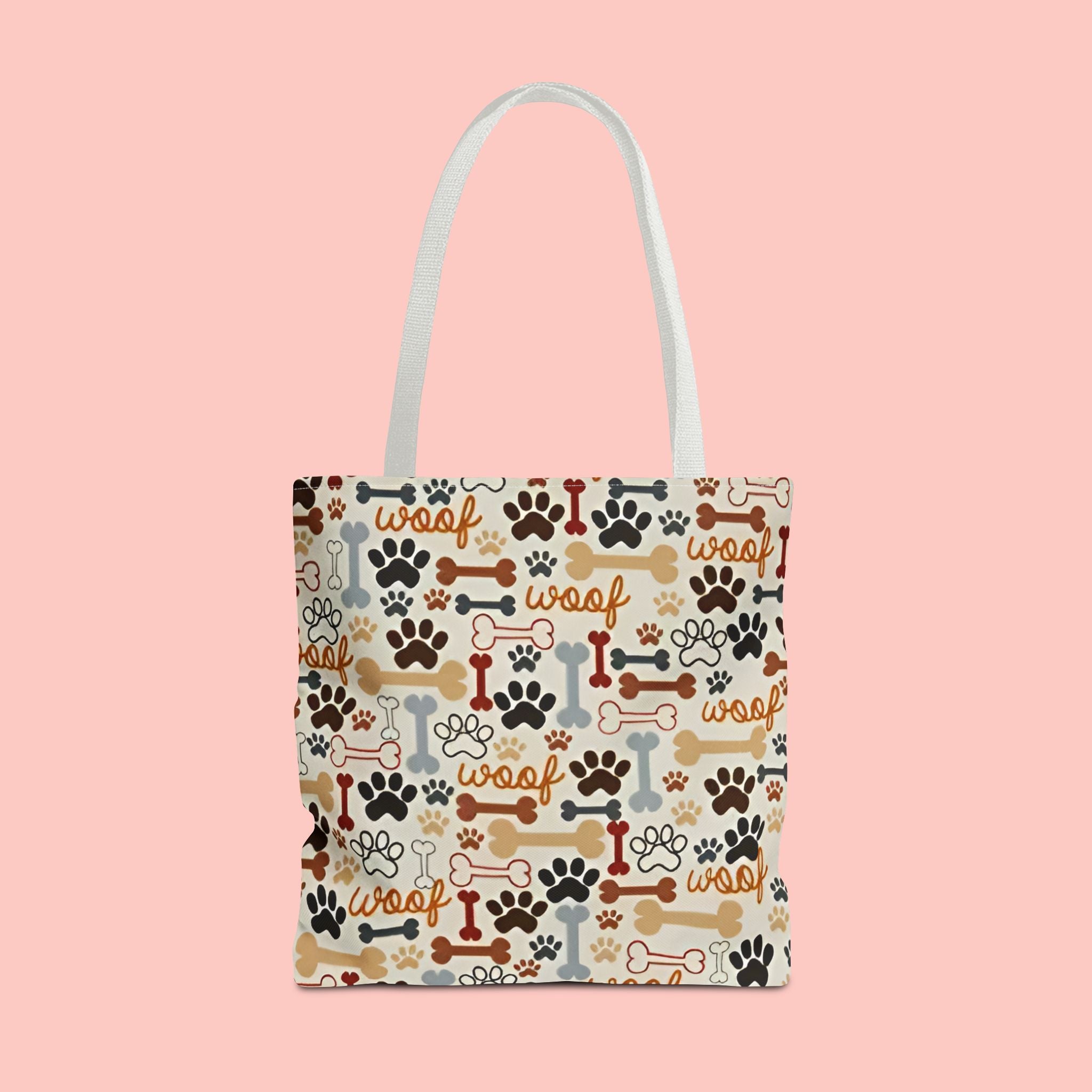 Dog Paw & Bone Pattern Tote Bag — 'Woof' All-Over Print Canvas Tote