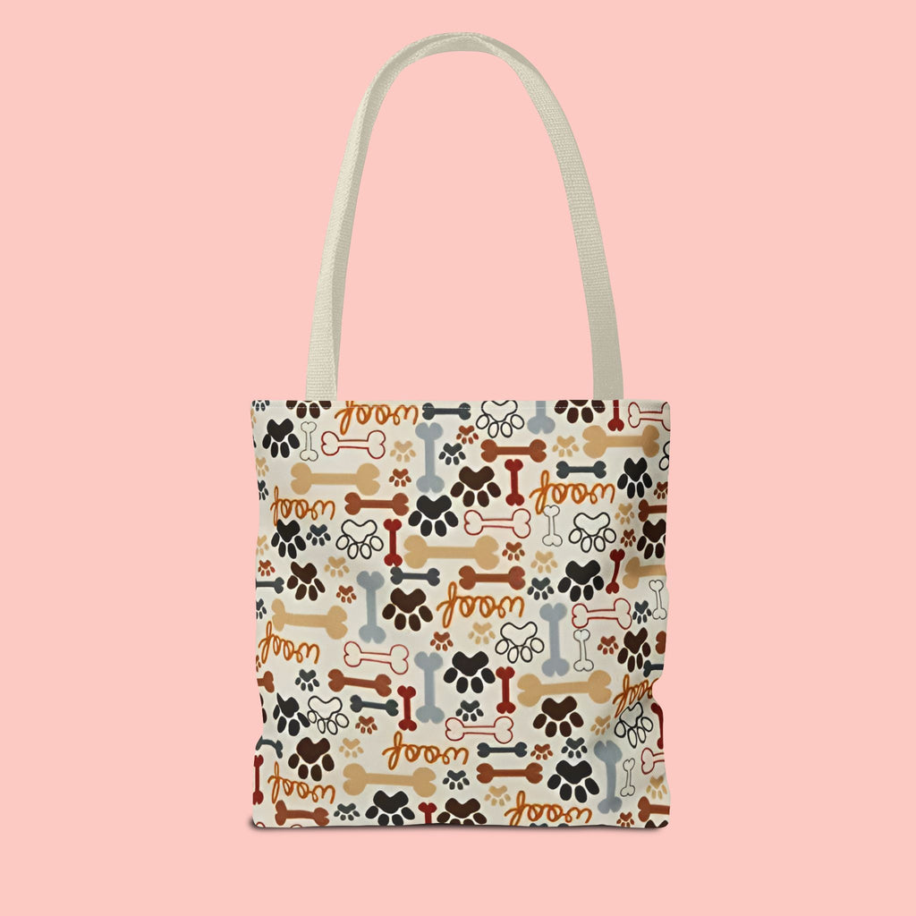 Dog Paw & Bone Pattern Tote Bag — 'Woof' All-Over Print Canvas Tote