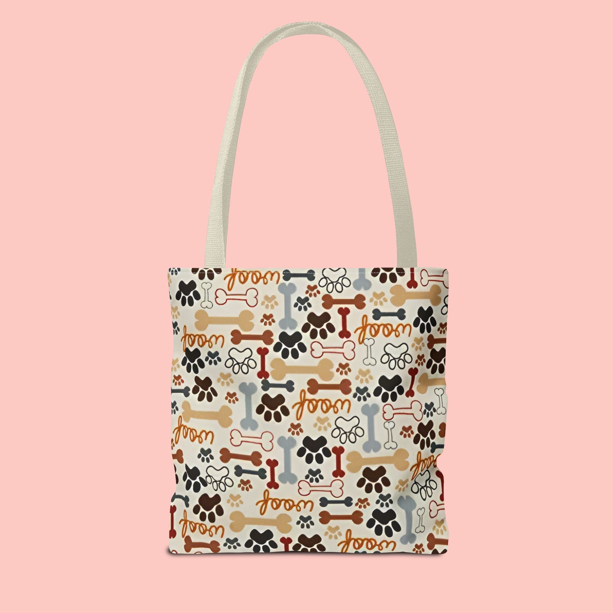 Dog Paw & Bone Pattern Tote Bag — 'Woof' All-Over Print Canvas Tote