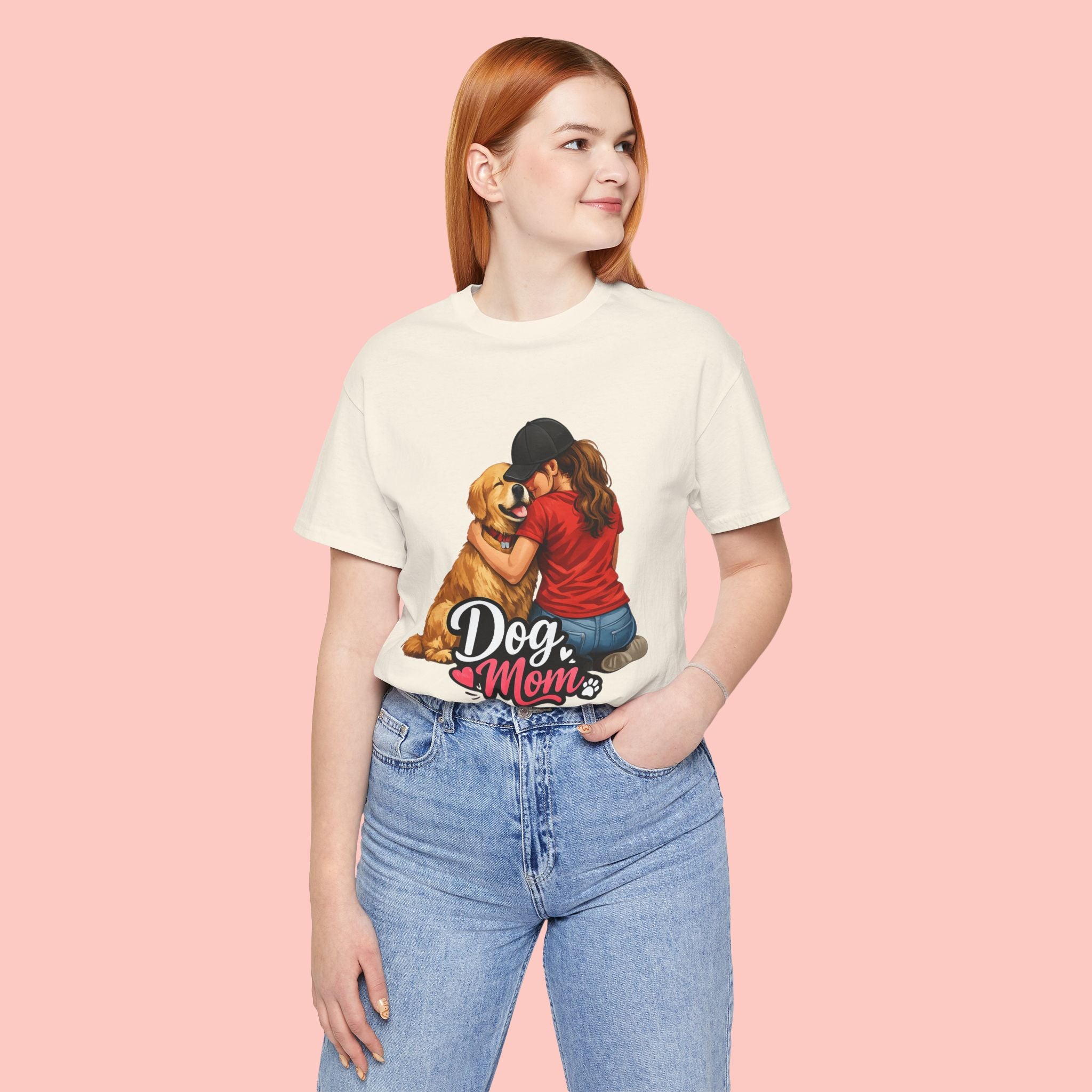 Dog Mom T-Shirt - Cute Woman Hugging Golden Retriever Tee