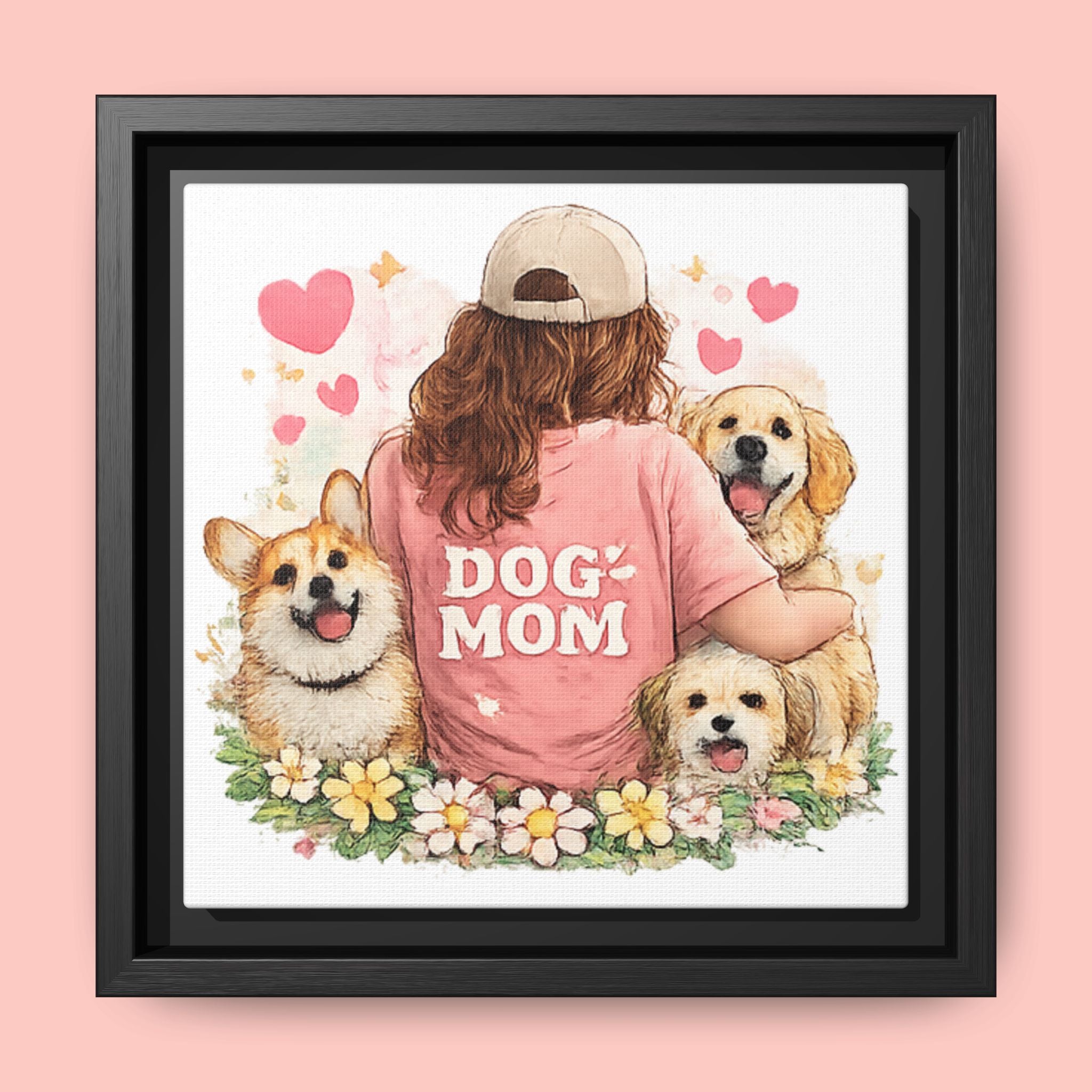 Dog Mom Canvas Print — Framed Matte Wall Art with Cute Dogs & Hearts