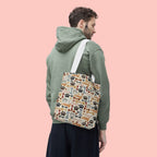 Dog Paw & Bone Pattern Tote Bag — 'Woof' All-Over Print Canvas Tote