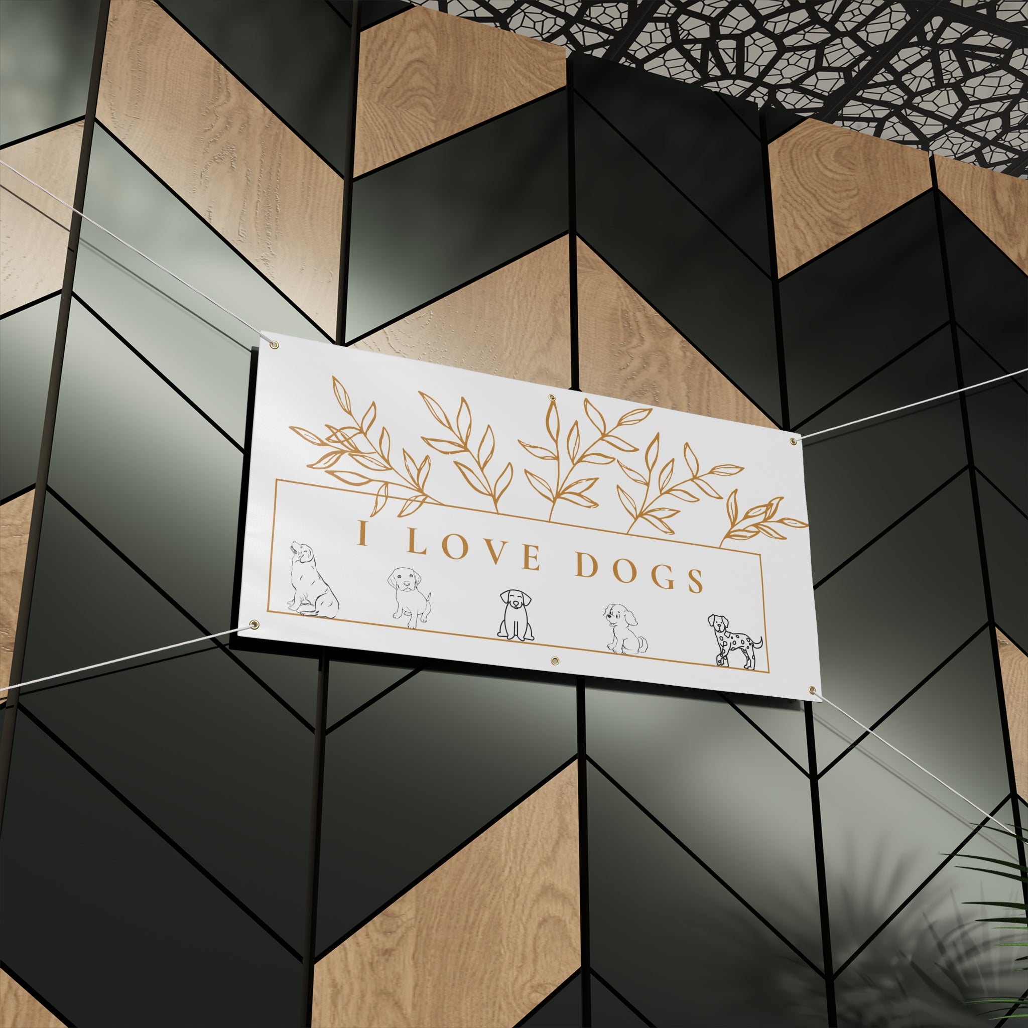 Matte Banner — I Love Dogs Decorative Outdoor/Indoor Sign with Gold Leaf Illustration