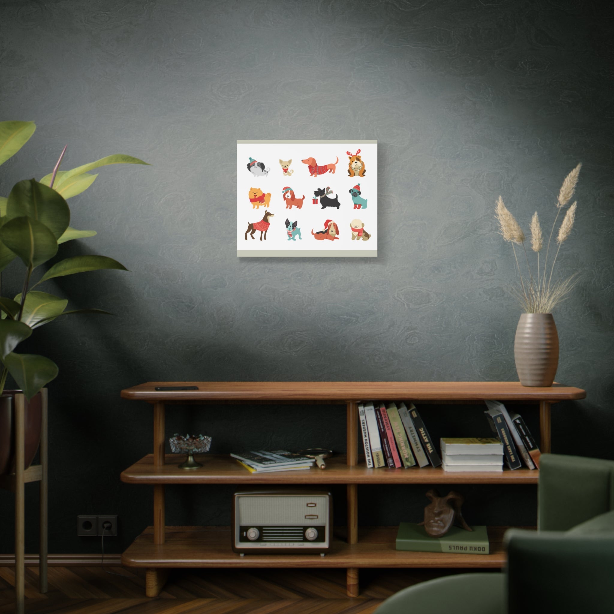 Holiday Dogs Canvas Wall Art — Cute Dachshund, Pug & Mixed Breeds in Winter Sweaters