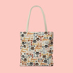 Dog Paw & Bone Pattern Tote Bag — 'Woof' All-Over Print Canvas Tote