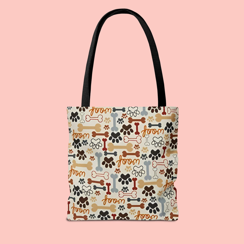 Dog Paw & Bone Pattern Tote Bag — 'Woof' All-Over Print Canvas Tote