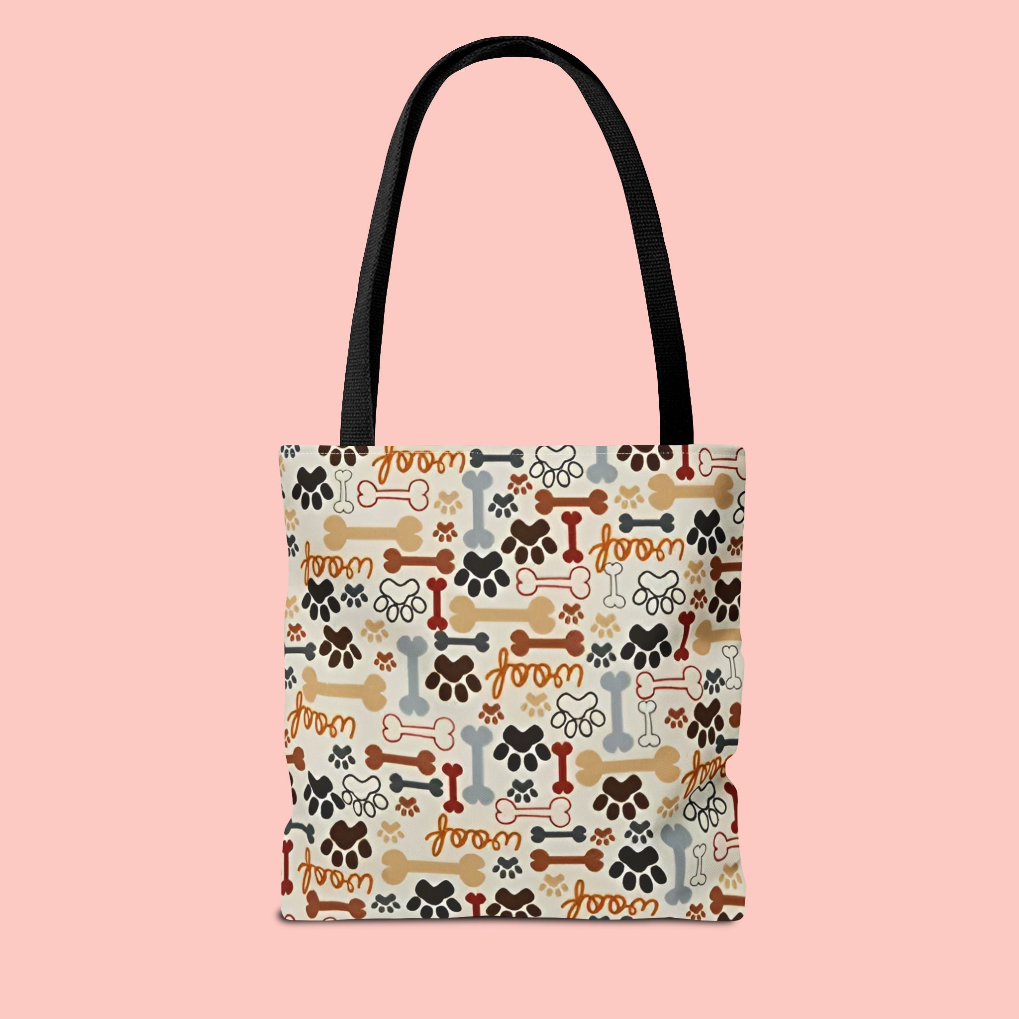 Dog Paw & Bone Pattern Tote Bag — 'Woof' All-Over Print Canvas Tote
