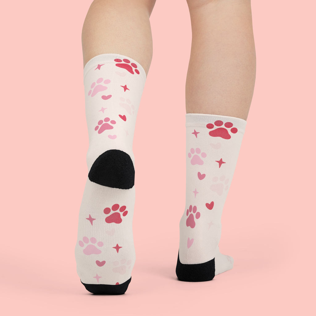 Paw Print Crew Socks — Pink Heart & Paw Sublimation Socks
