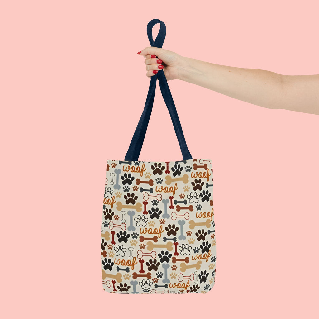 Dog Paw & Bone Pattern Tote Bag — 'Woof' All-Over Print Canvas Tote