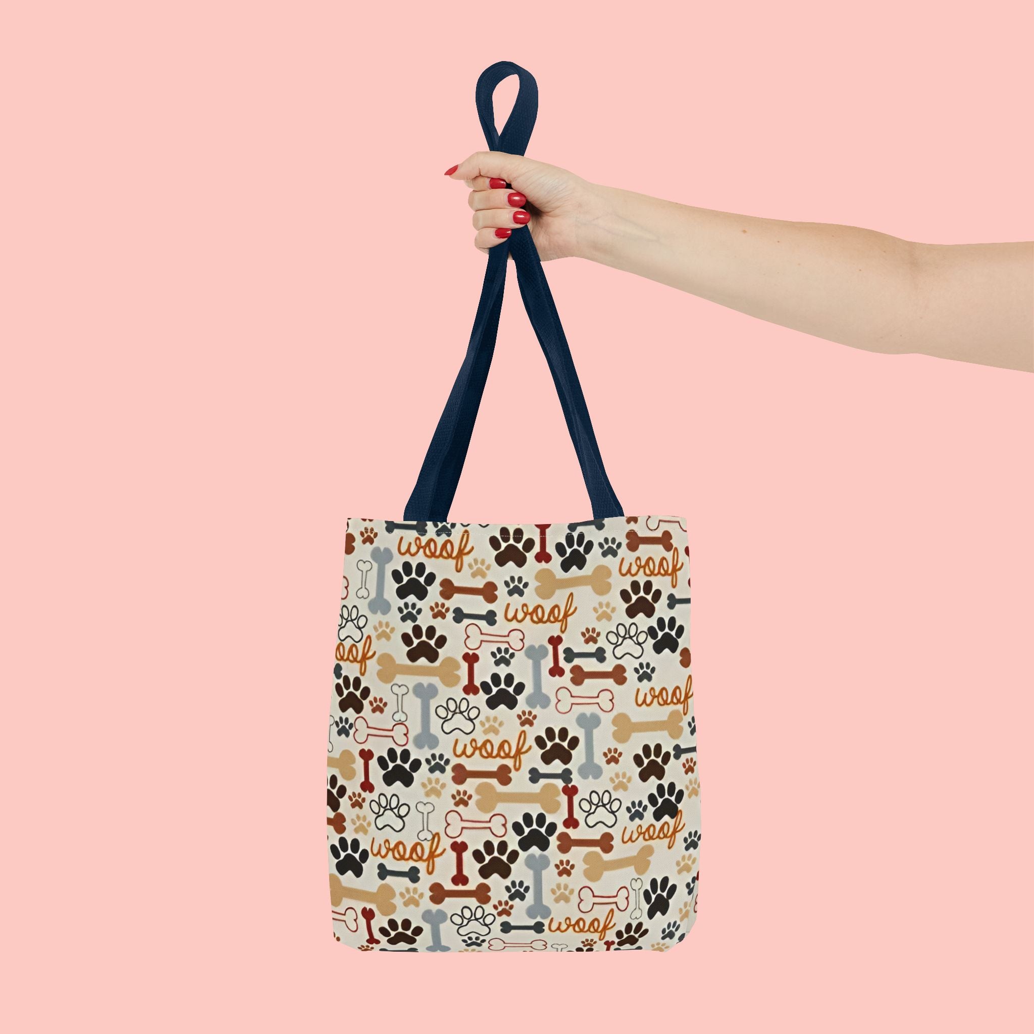 Dog Paw & Bone Pattern Tote Bag — 'Woof' All-Over Print Canvas Tote