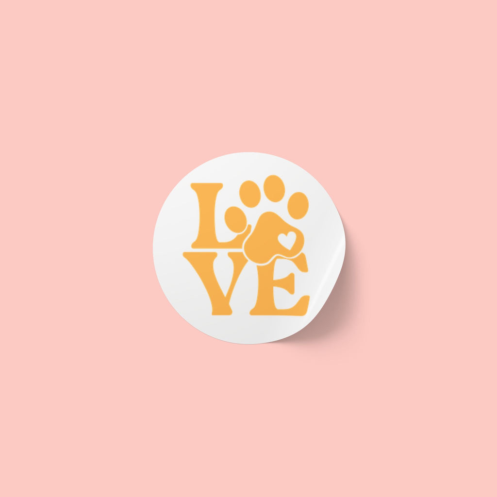 Round Pet Love Sticker Labels — Paw Print "LOVE" Roll