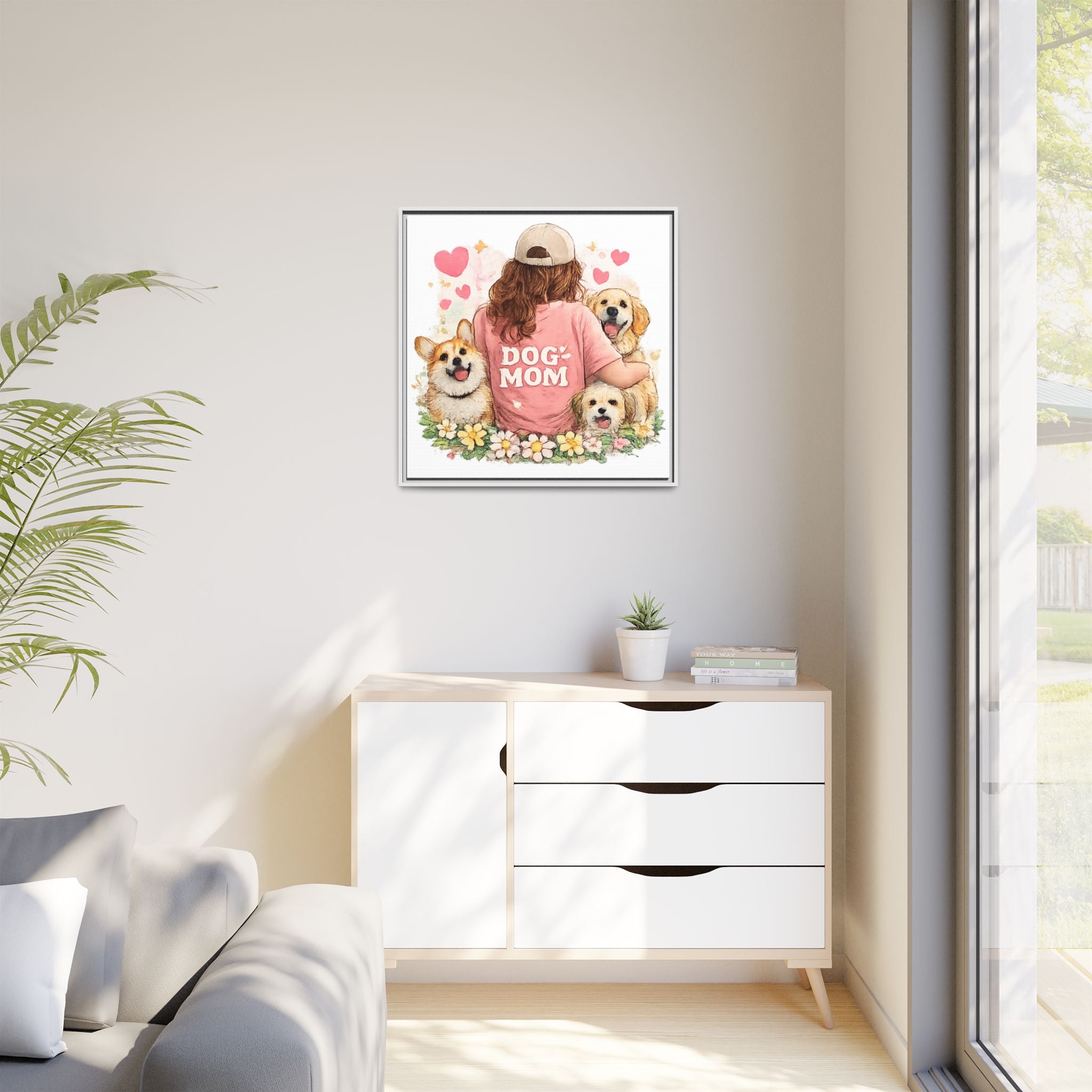 Dog Mom Canvas Print — Framed Matte Wall Art with Cute Dogs & Hearts