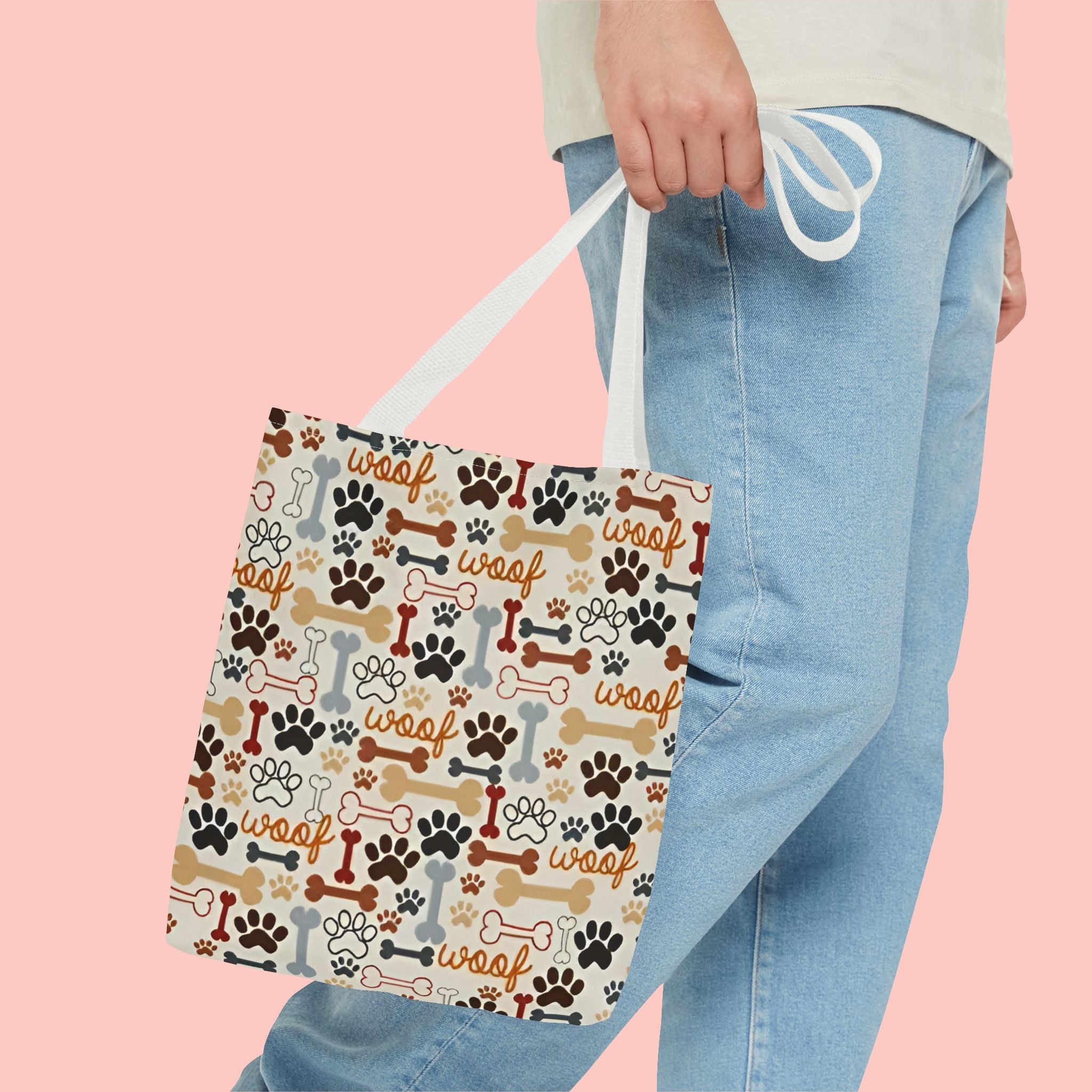 Dog Paw & Bone Pattern Tote Bag — 'Woof' All-Over Print Canvas Tote